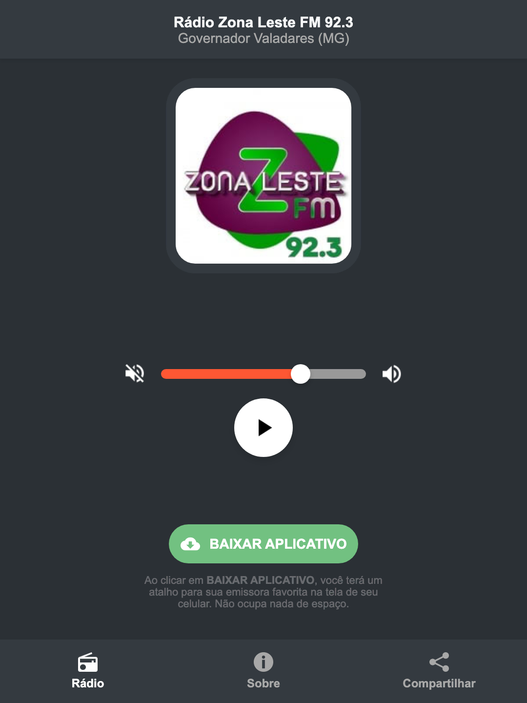 Screenshot do aplicativo da Rádio Zona Leste FM 92.3