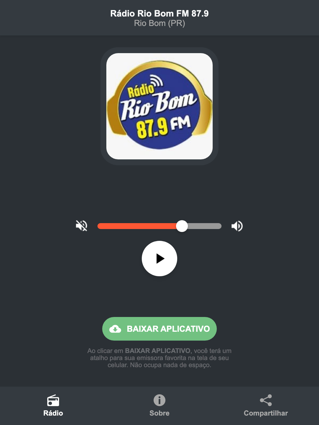 Screenshot do aplicativo da Rádio Rio Bom FM 87.9