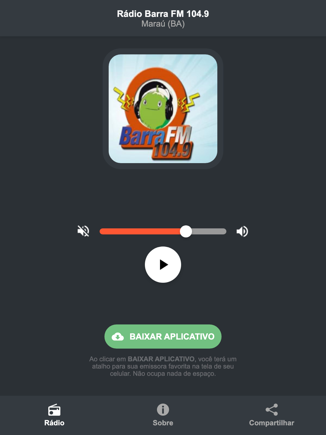 Screenshot do aplicativo da Rádio Barra FM 104.9