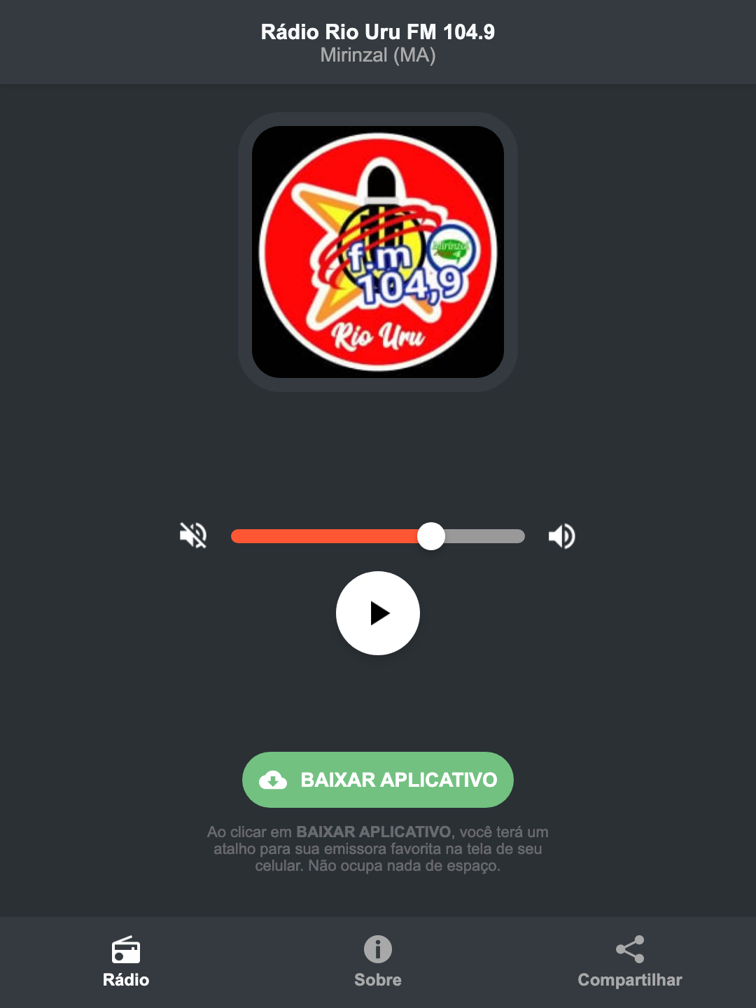 Screenshot do aplicativo da Rádio Rio Uru FM 104.9