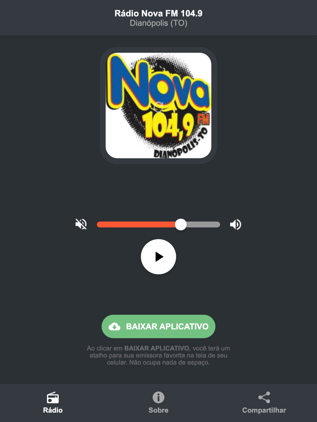 Screenshot do aplicativo da Rádio Nova FM 104.9