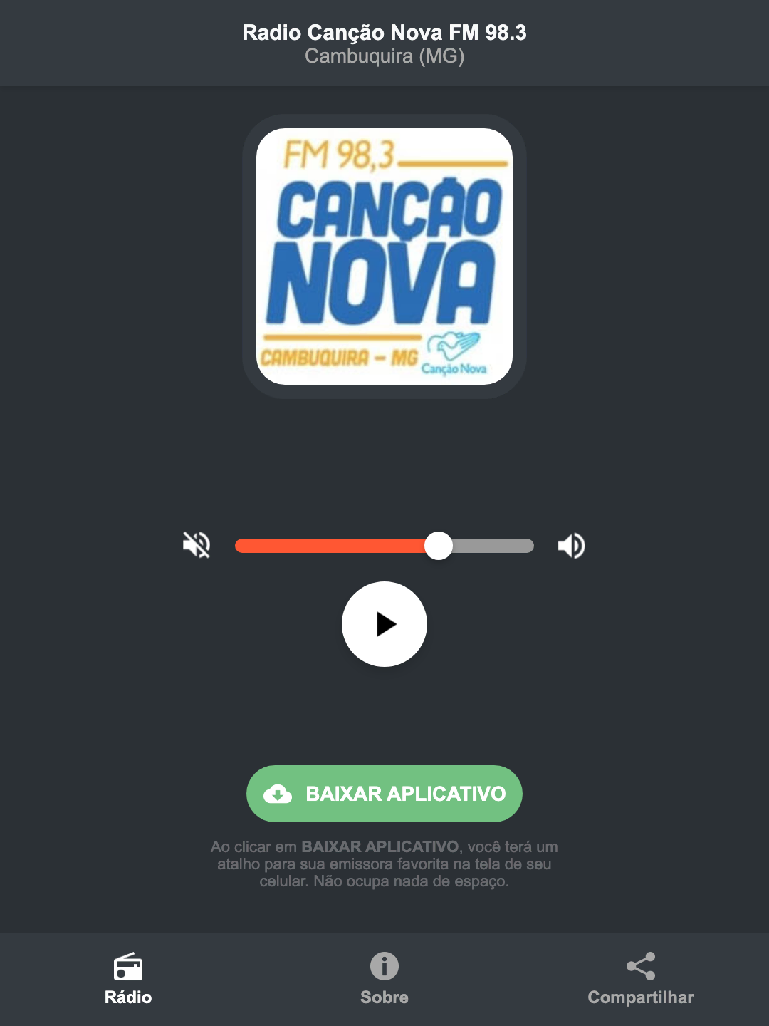 Screenshot do aplicativo da Radio Canção Nova FM 98.3
