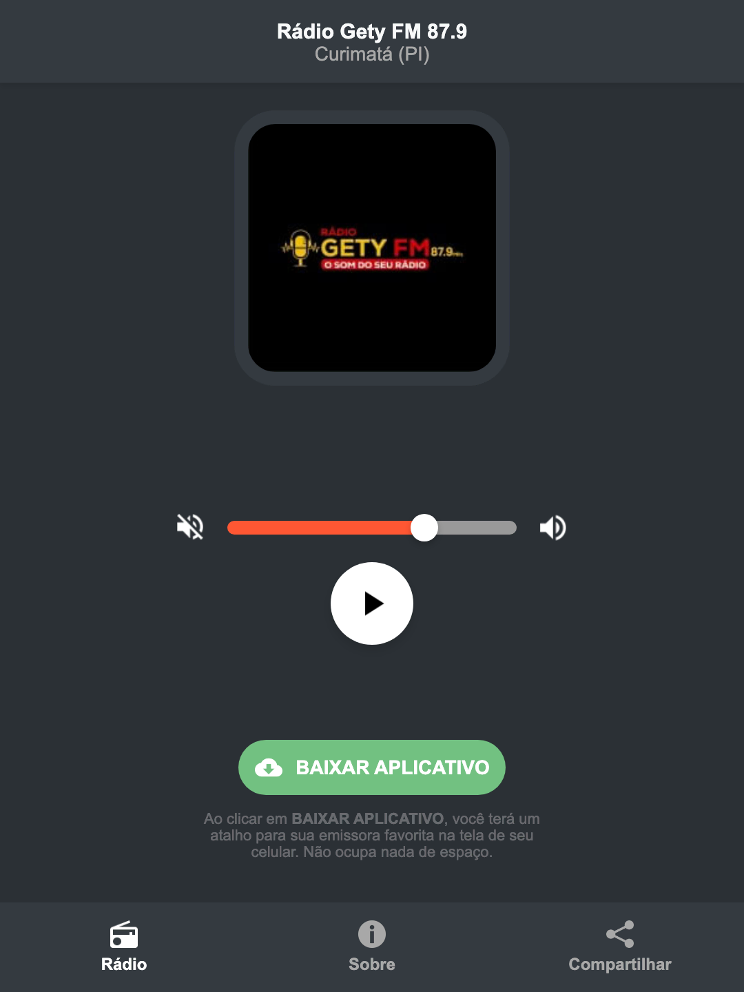 Screenshot do aplicativo da Rádio Gety FM 87.9