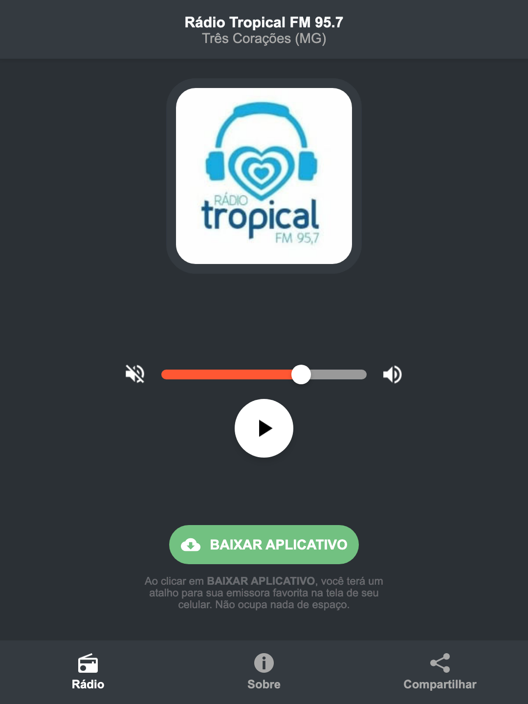 Screenshot do aplicativo da Rádio Tropical FM 95.7
