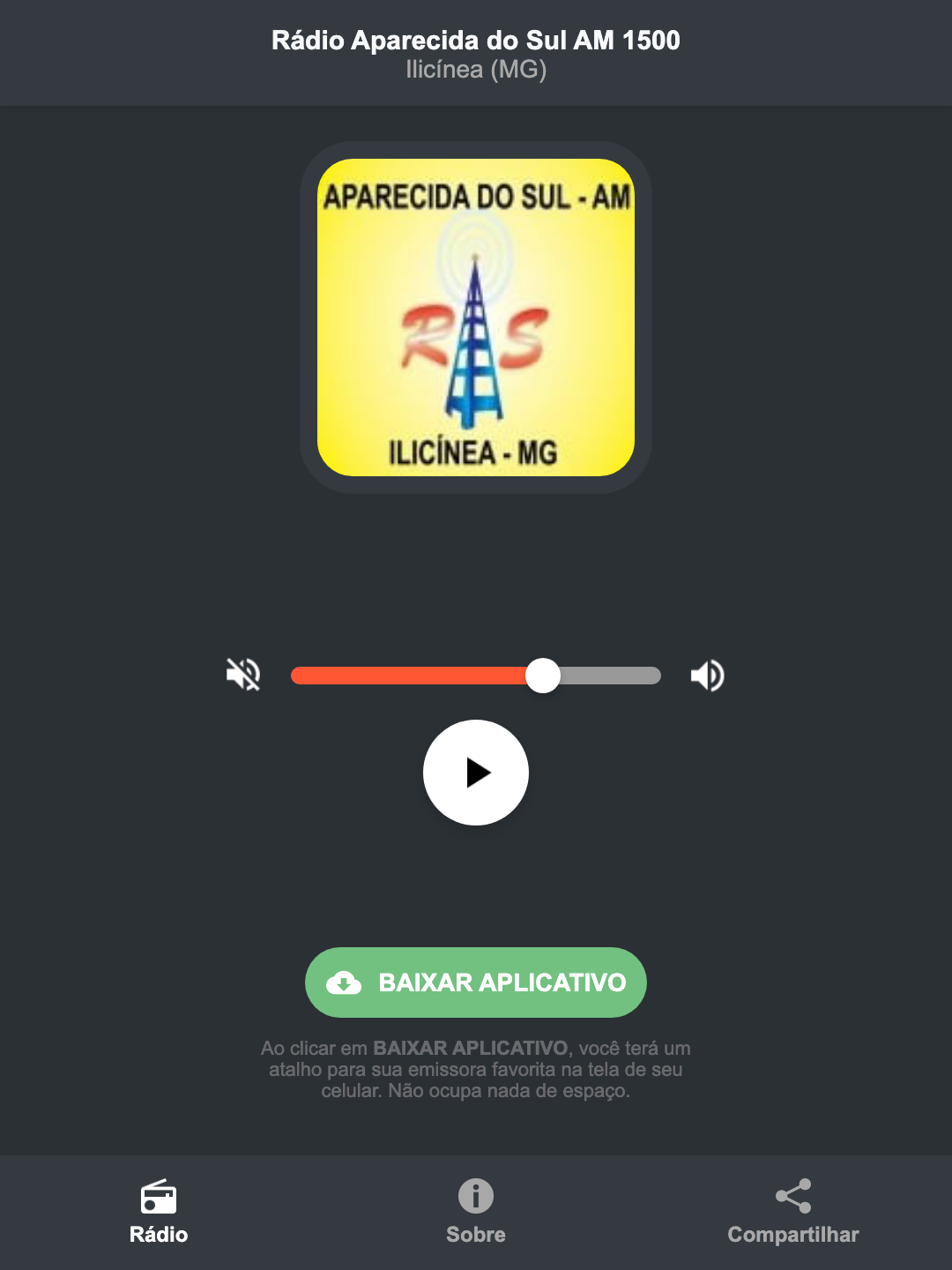 Screenshot do aplicativo da Rádio Aparecida do Sul AM 1500