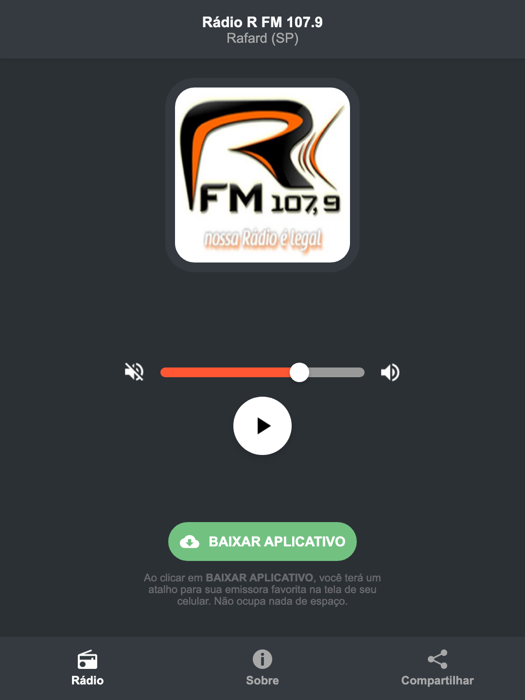 Screenshot do aplicativo da Rádio R FM 107.9