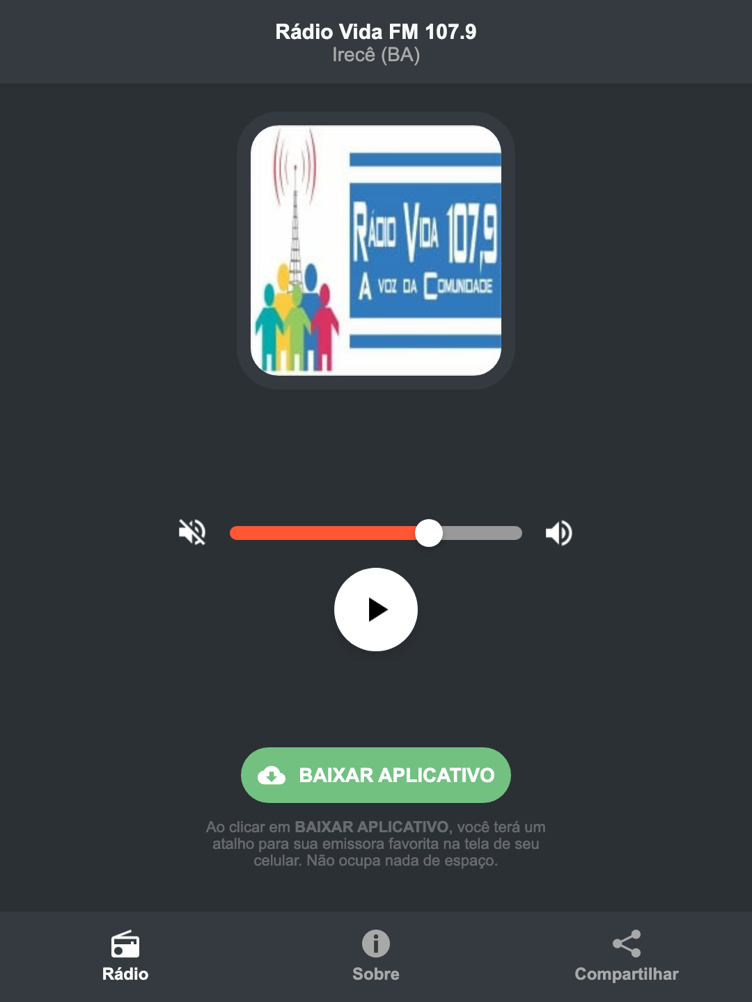 Screenshot do aplicativo da Rádio Vida FM 107.9