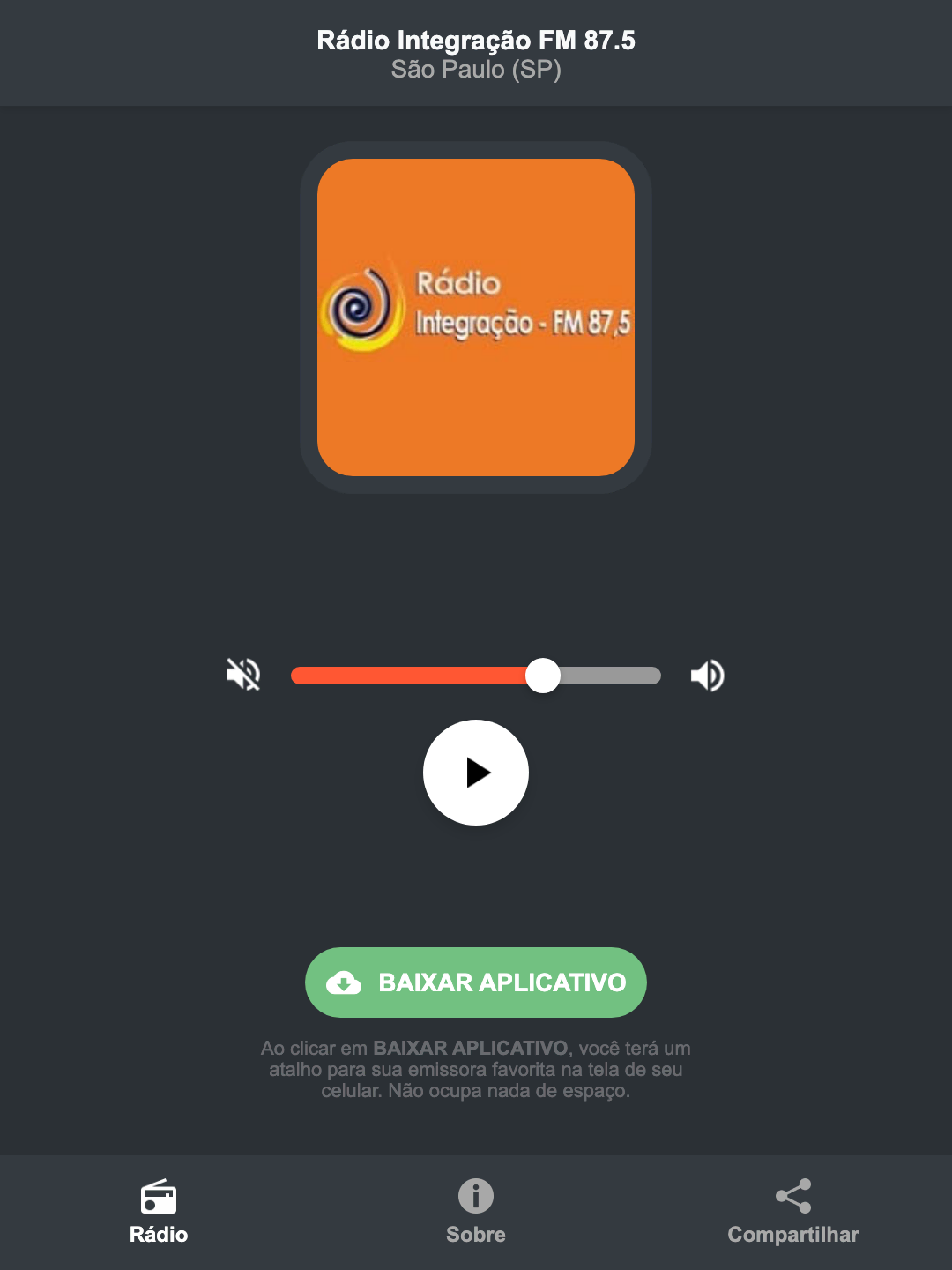Screenshot do aplicativo da Rádio Integração FM 87.5