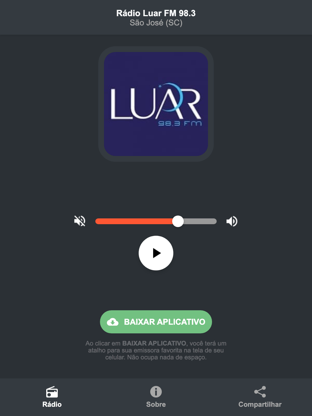 Screenshot do aplicativo da Rádio Luar FM 98.3
