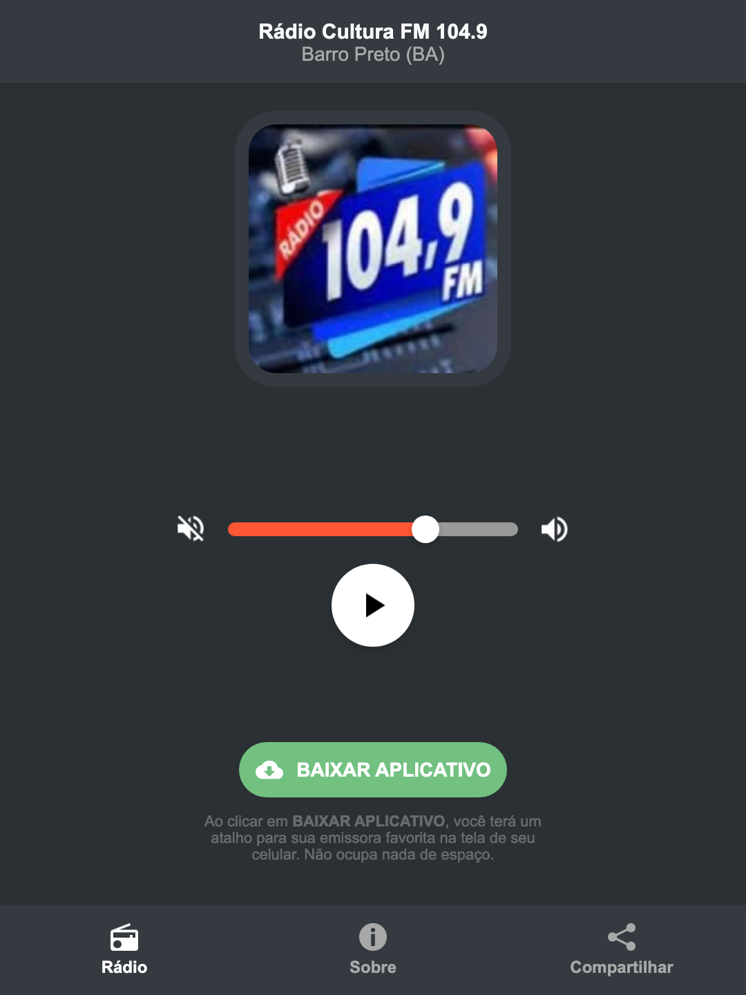 Screenshot do aplicativo da Rádio Cultura FM 104.9