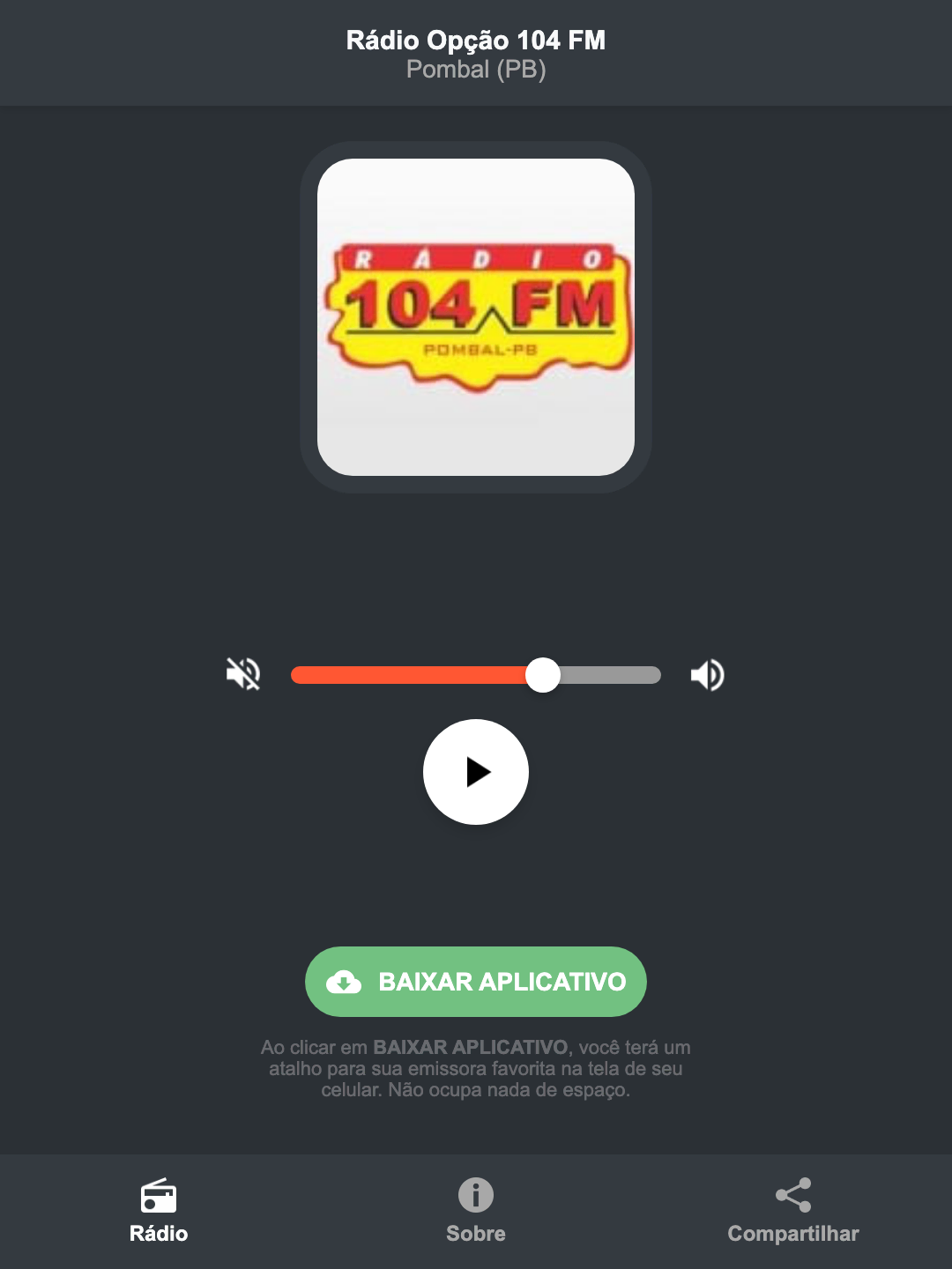 Screenshot do aplicativo da Rádio Opção 104 FM
