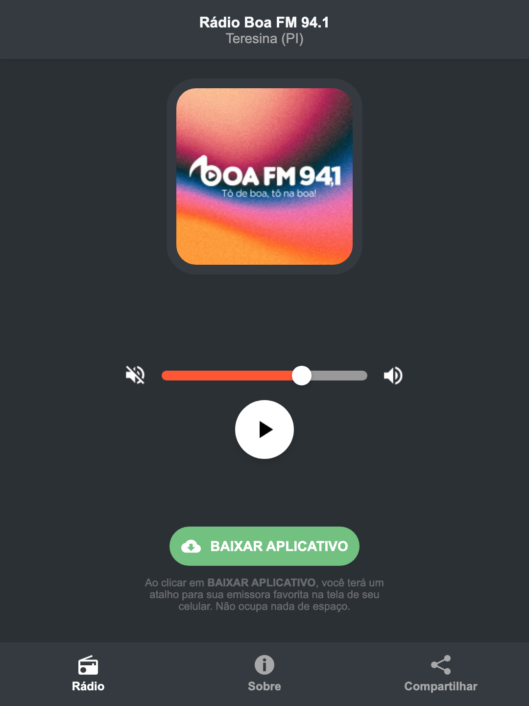 Screenshot do aplicativo da Rádio Boa FM 94.1