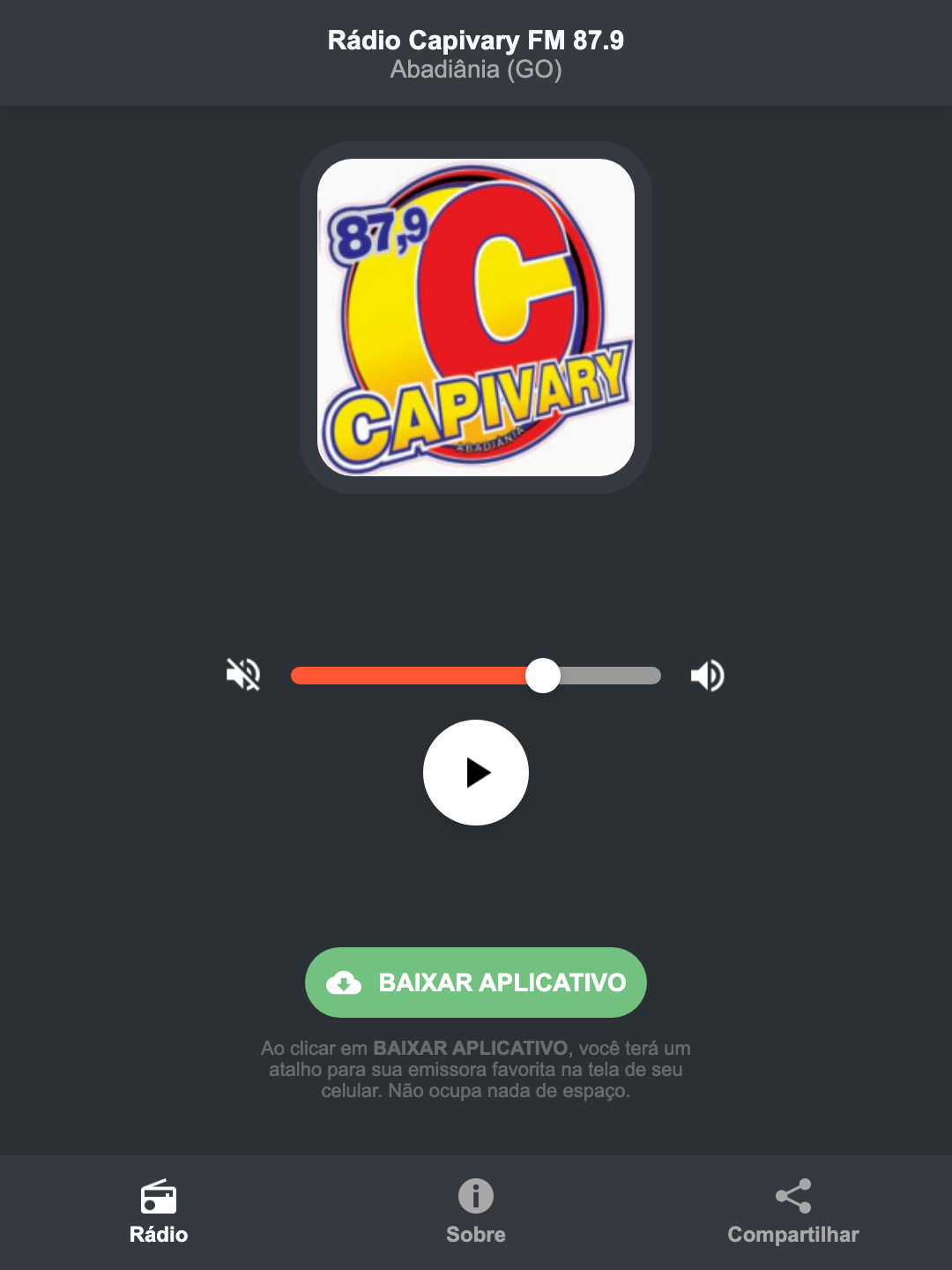 Screenshot do aplicativo da Rádio Capivary FM 87.9
