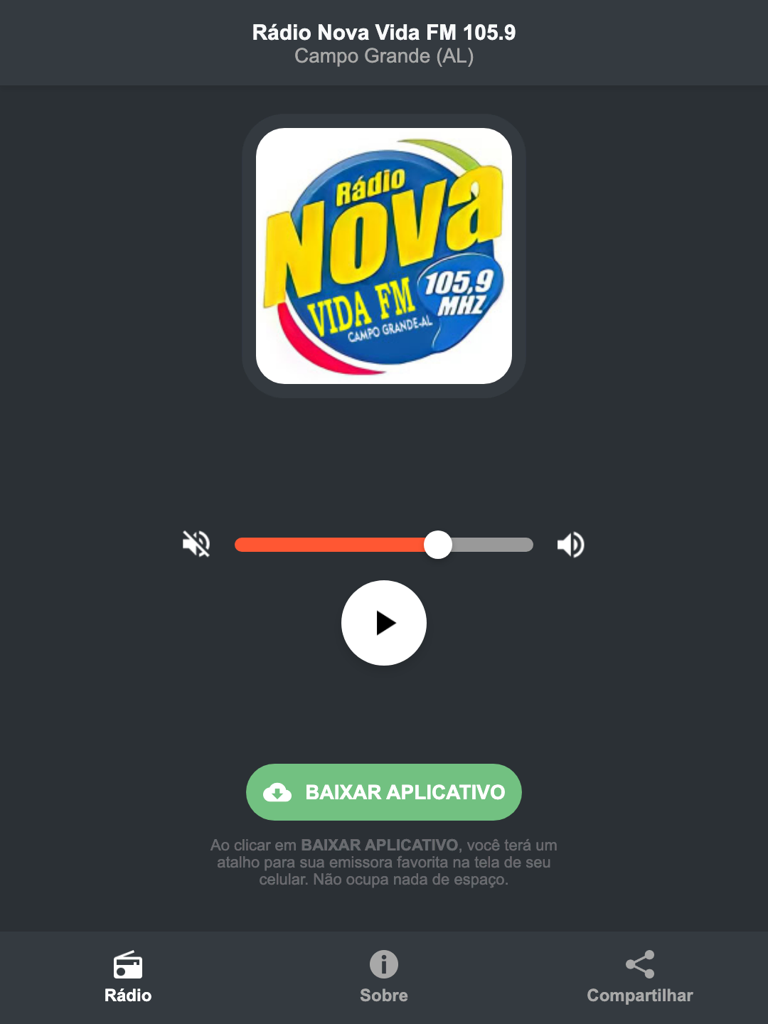 Screenshot do aplicativo da Rádio Nova Vida FM 105.9