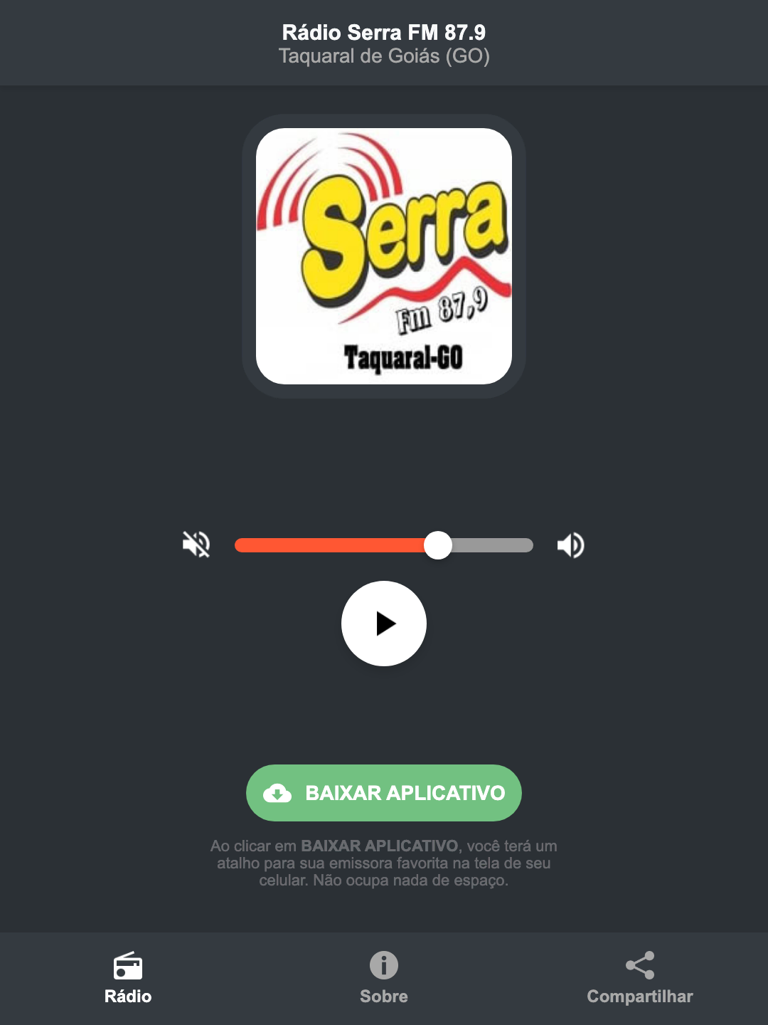 Screenshot do aplicativo da Rádio Serra FM 87.9