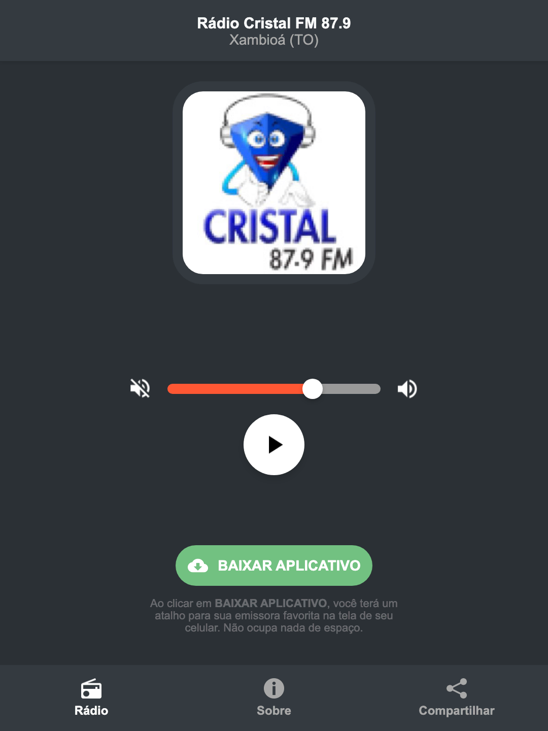 Screenshot do aplicativo da Rádio Cristal FM 87.9