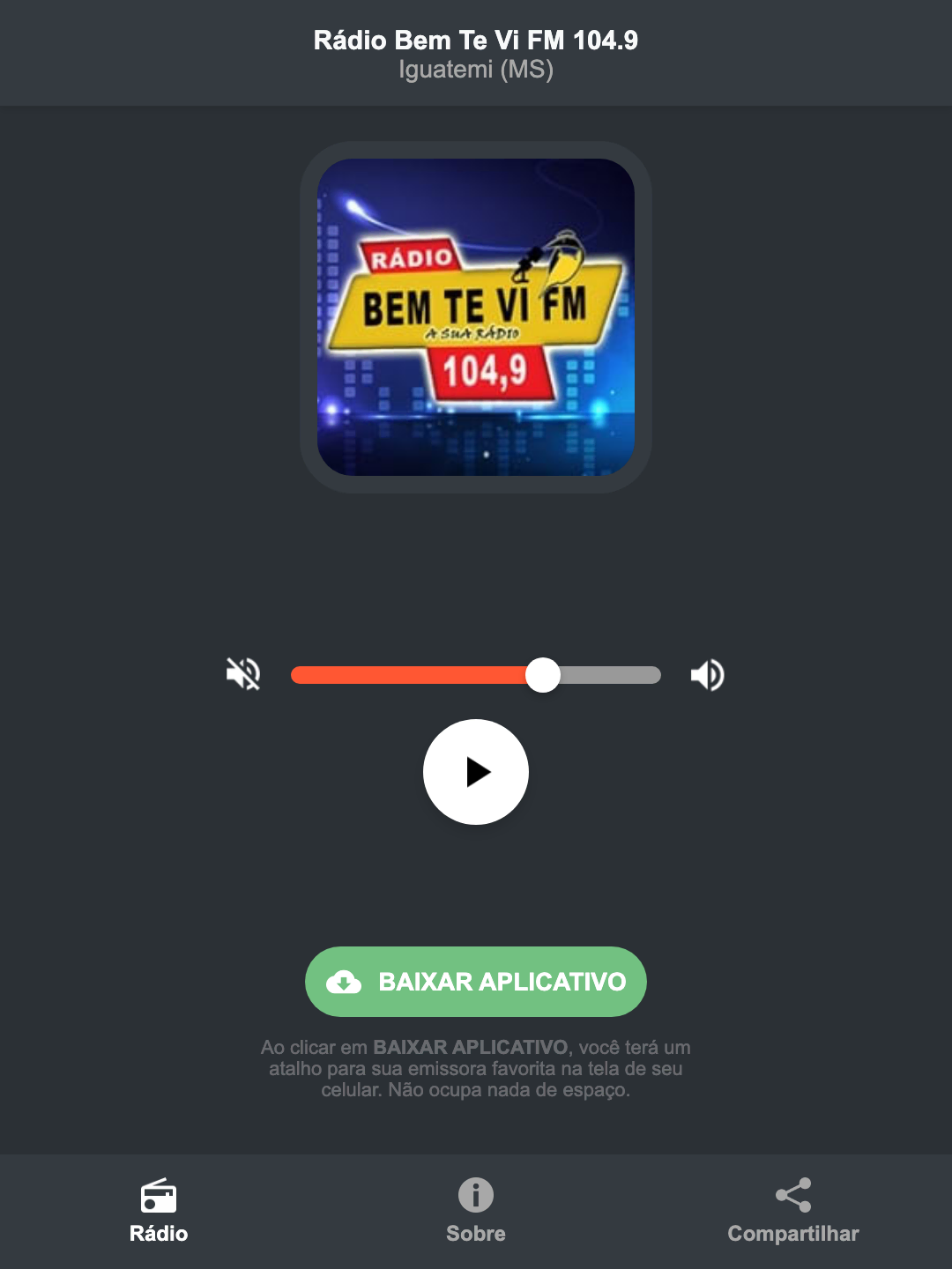 Screenshot do aplicativo da Rádio Bem Te Vi FM 104.9