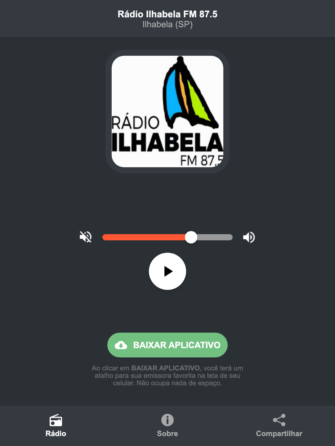 Screenshot do aplicativo da Rádio Ilhabela FM 87.5