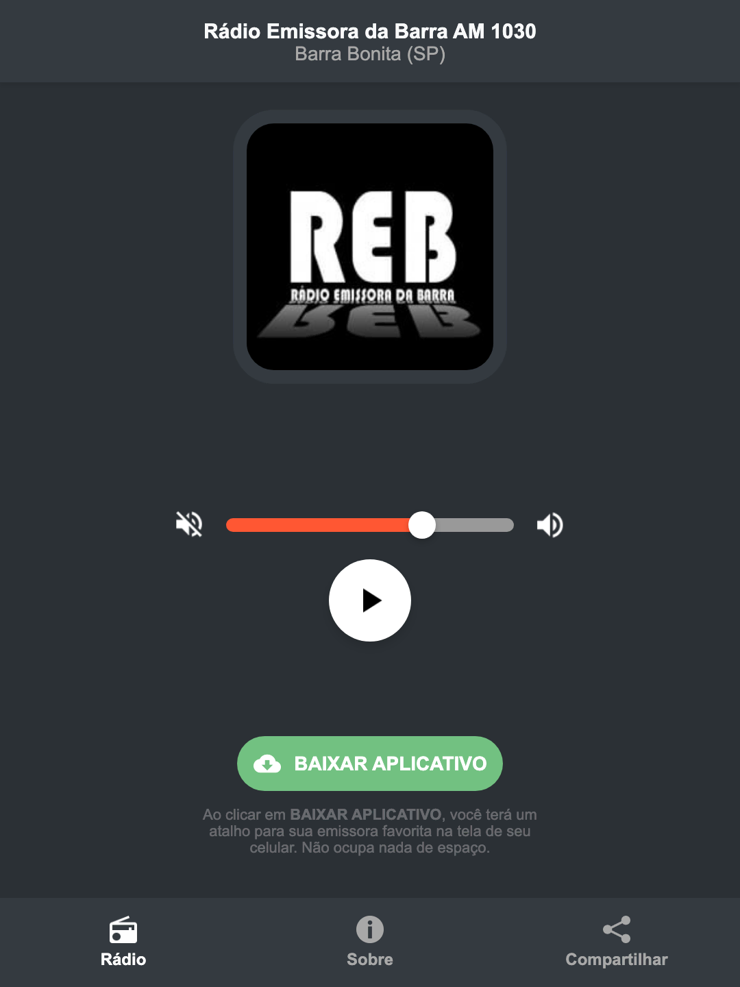 Screenshot do aplicativo da Rádio Emissora da Barra AM 1030