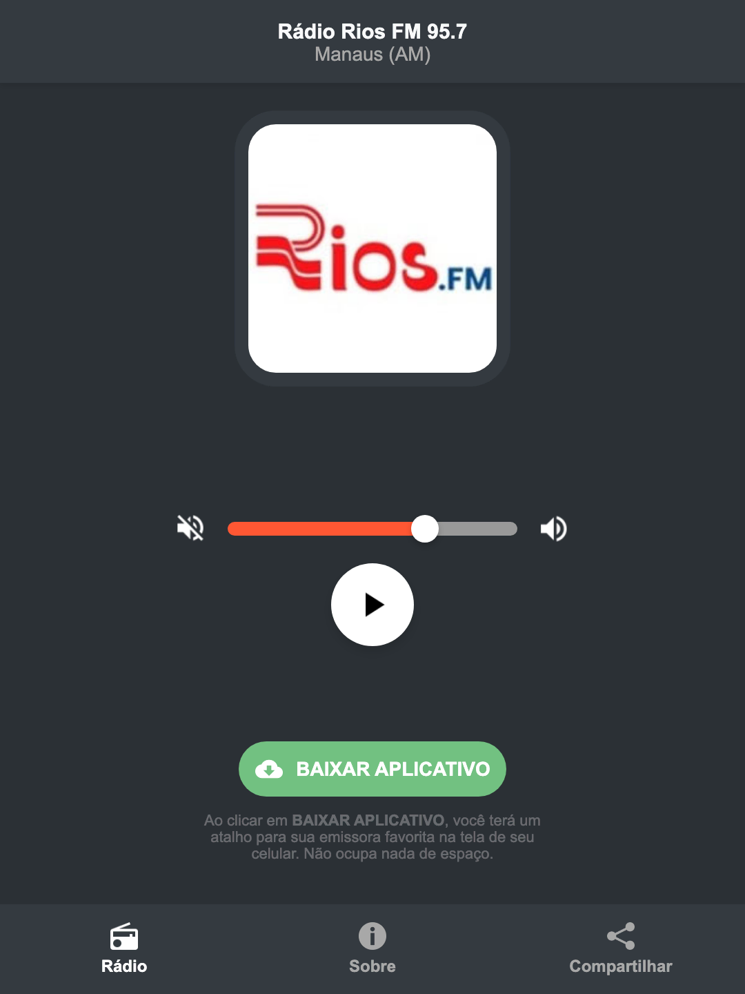 Screenshot do aplicativo da Rádio Rios FM 95.7