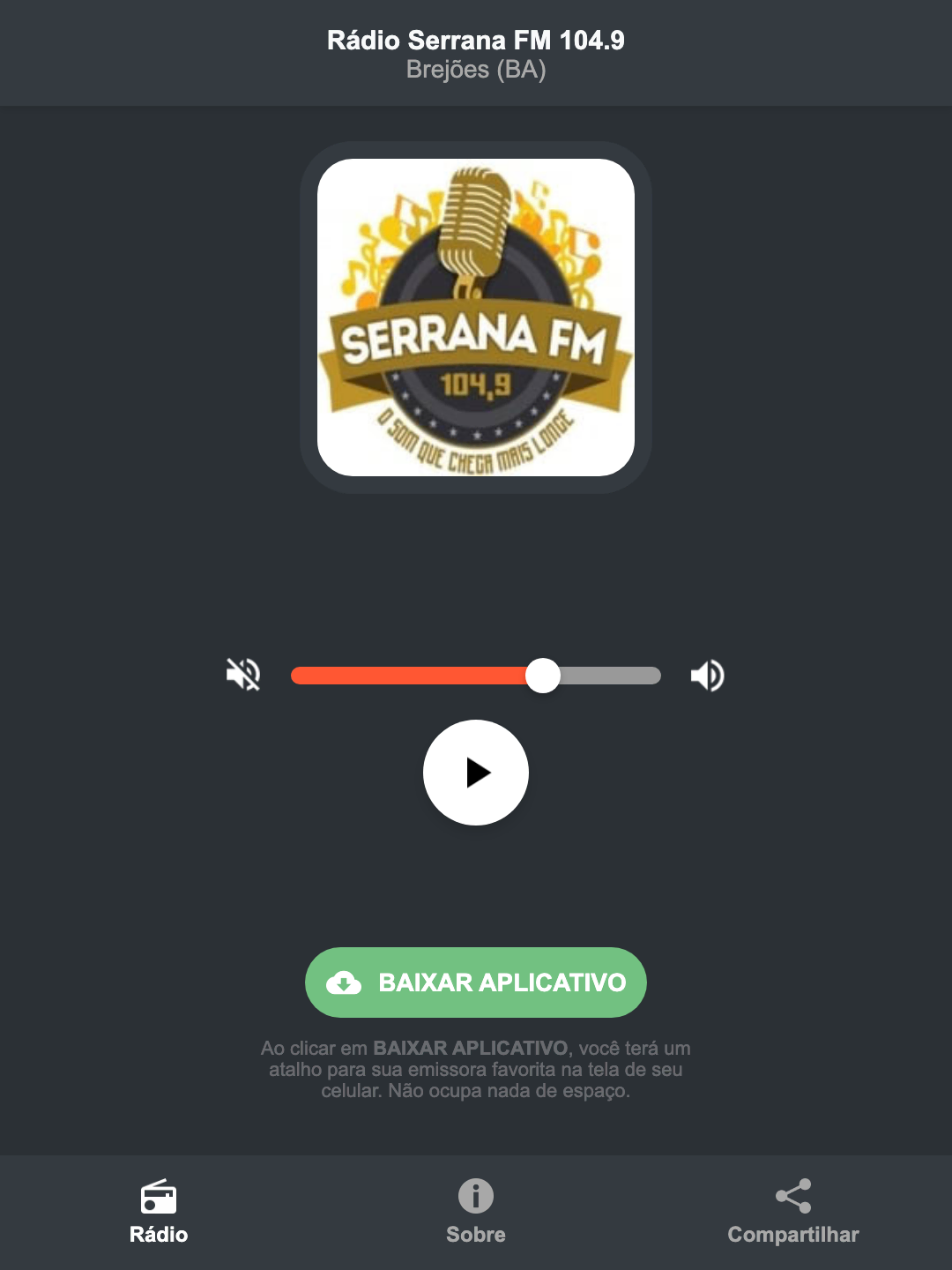 Screenshot do aplicativo da Rádio Serrana FM 104.9