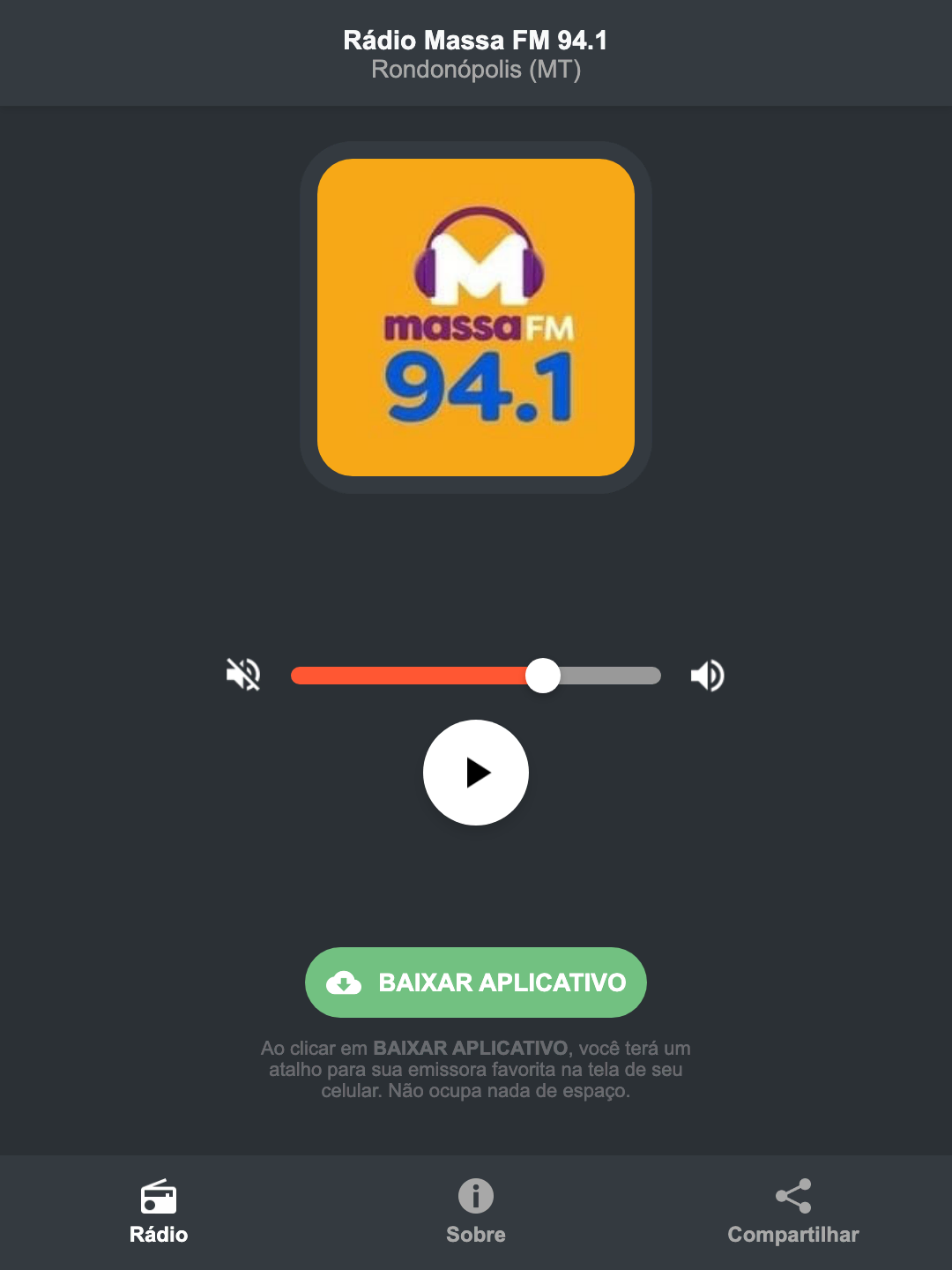 Screenshot do aplicativo da Rádio Massa FM 94.1