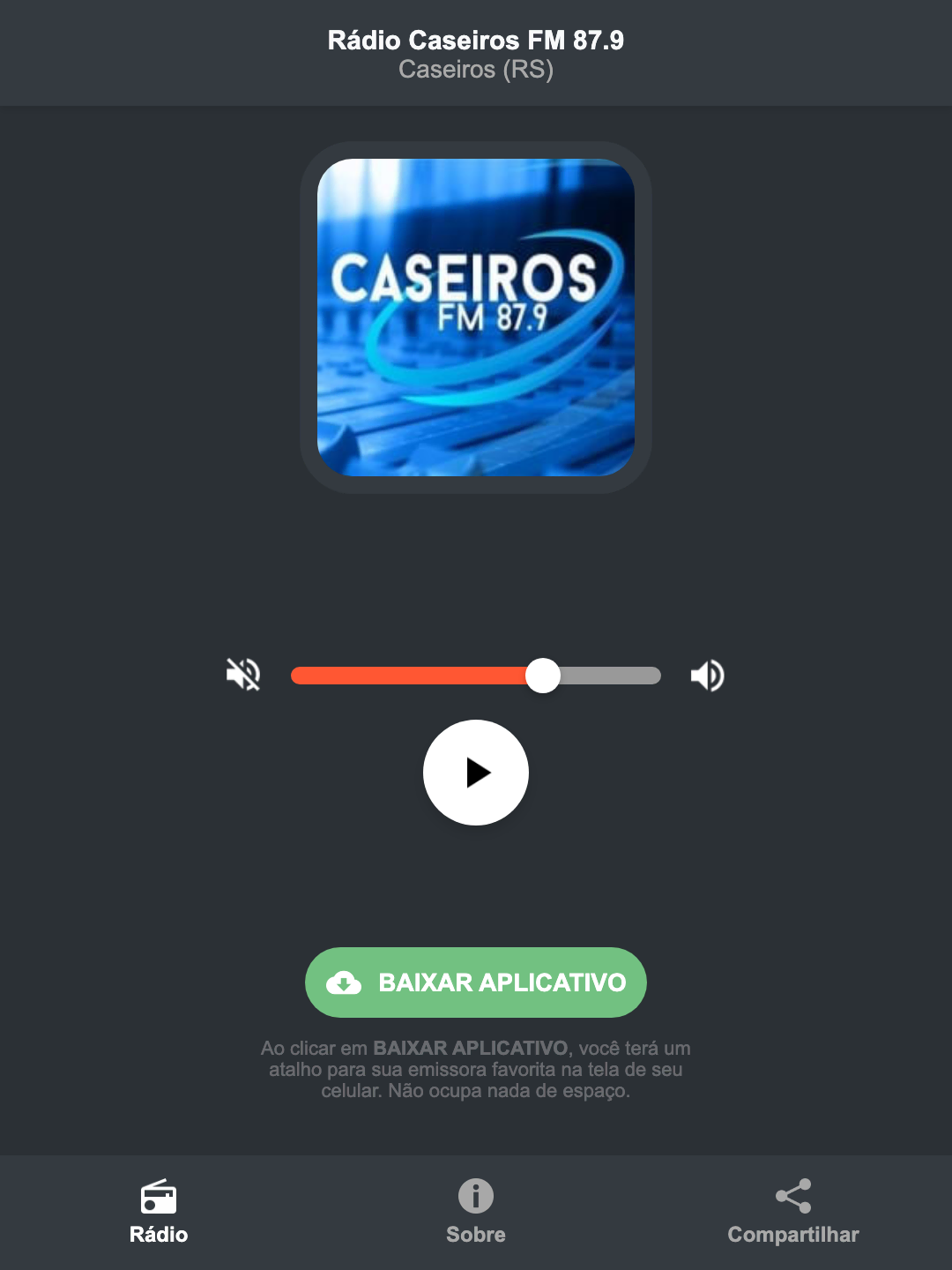 Screenshot do aplicativo da Rádio Caseiros FM 87.9