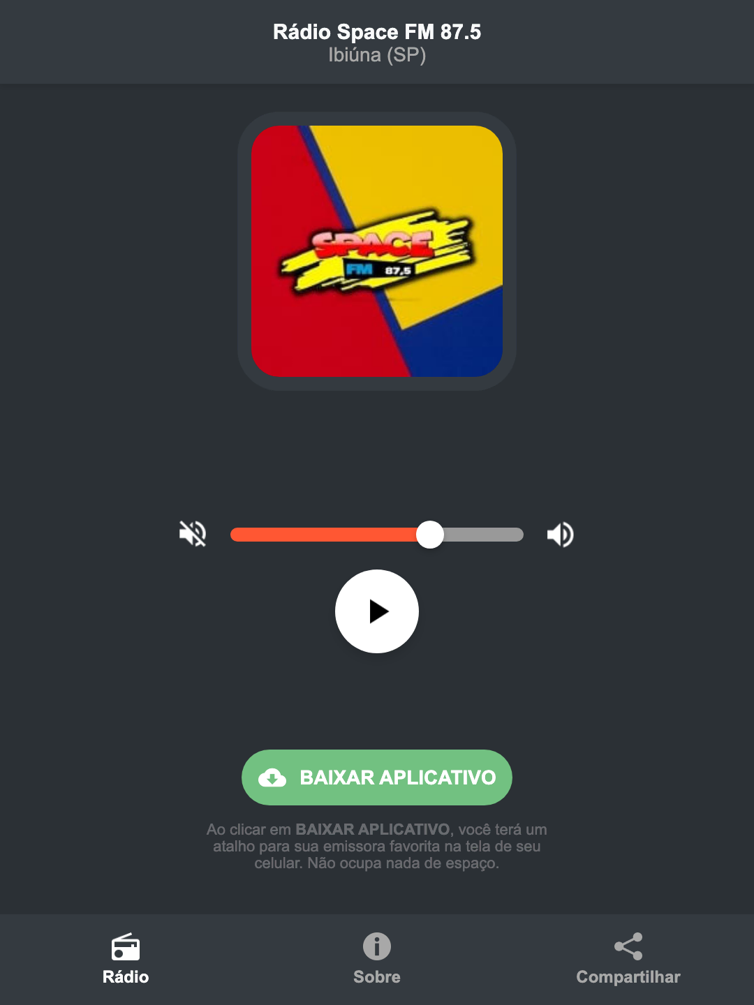 Screenshot do aplicativo da Rádio Space FM 87.5