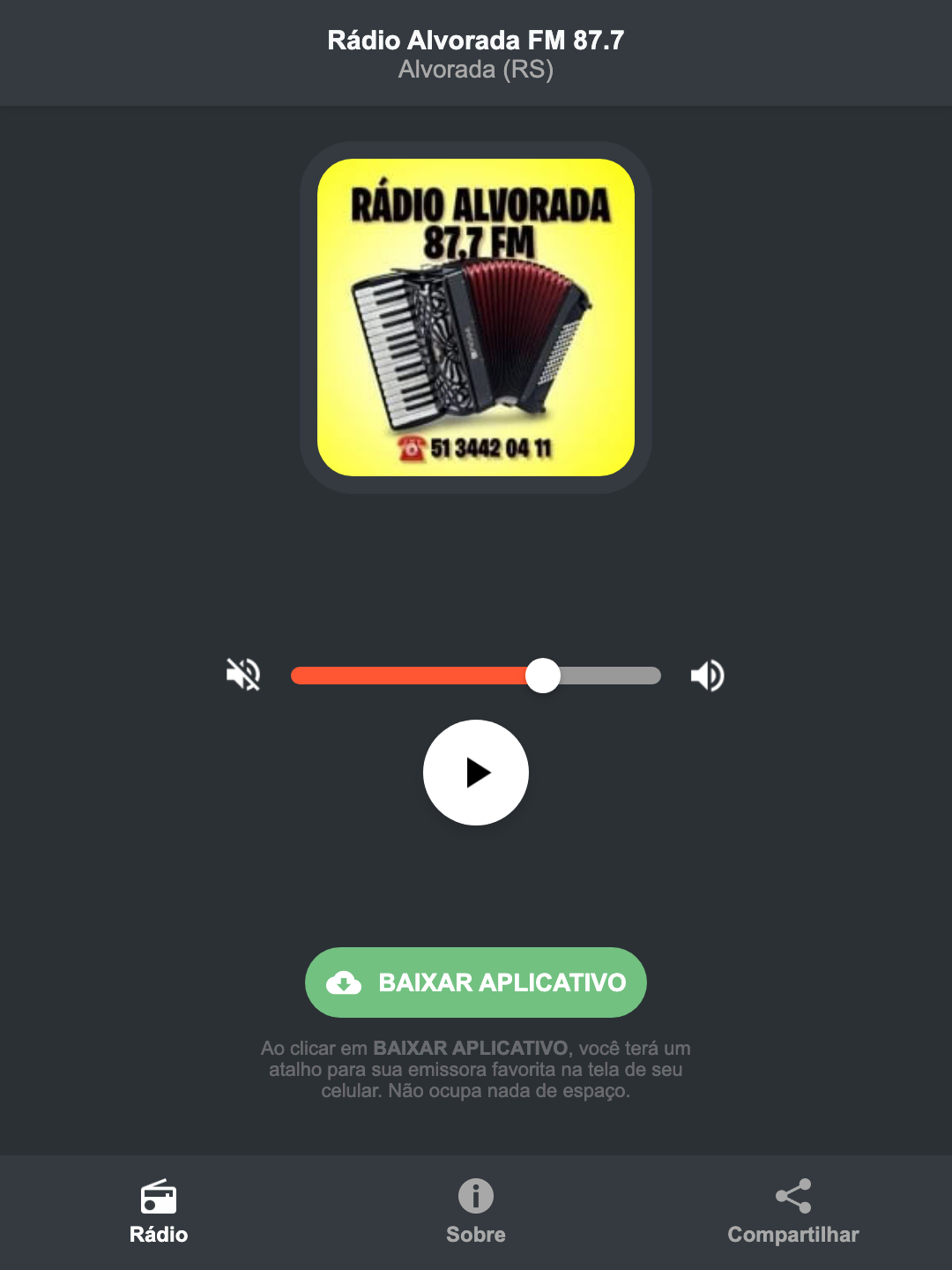 Screenshot do aplicativo da Rádio Alvorada FM 87.7