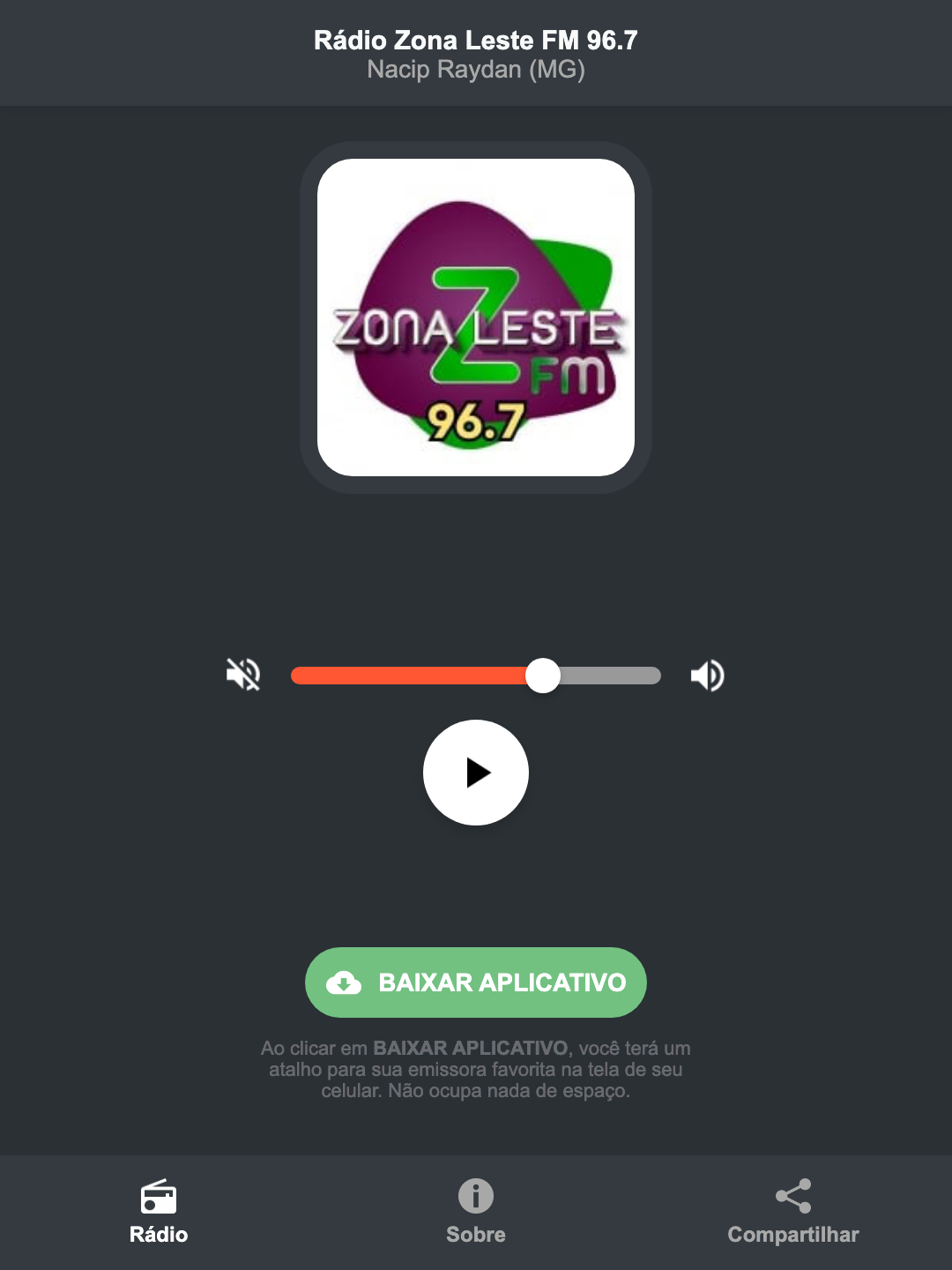 Screenshot do aplicativo da Rádio Zona Leste FM 96.7