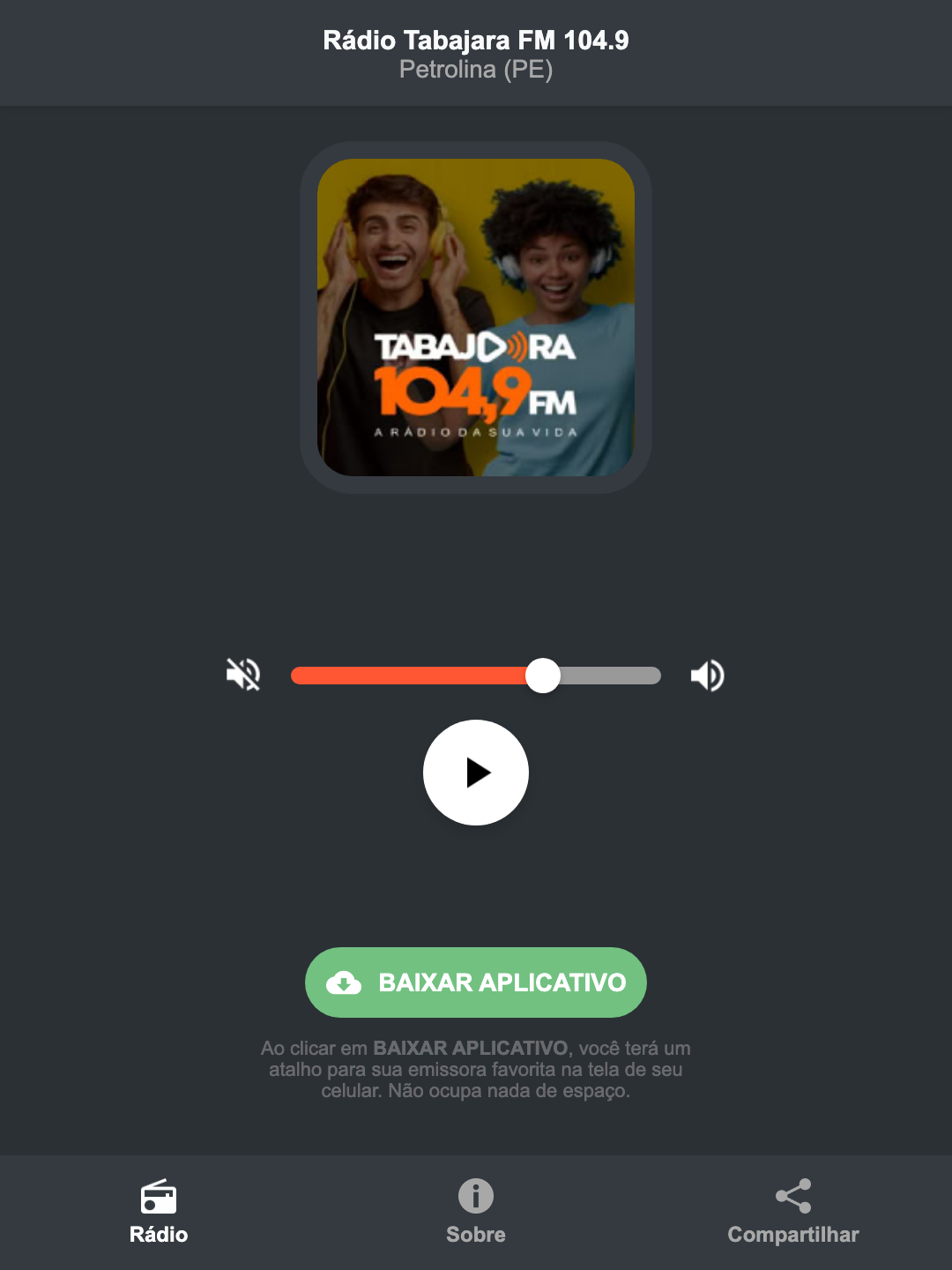 Screenshot do aplicativo da Rádio Tabajara FM 104.9