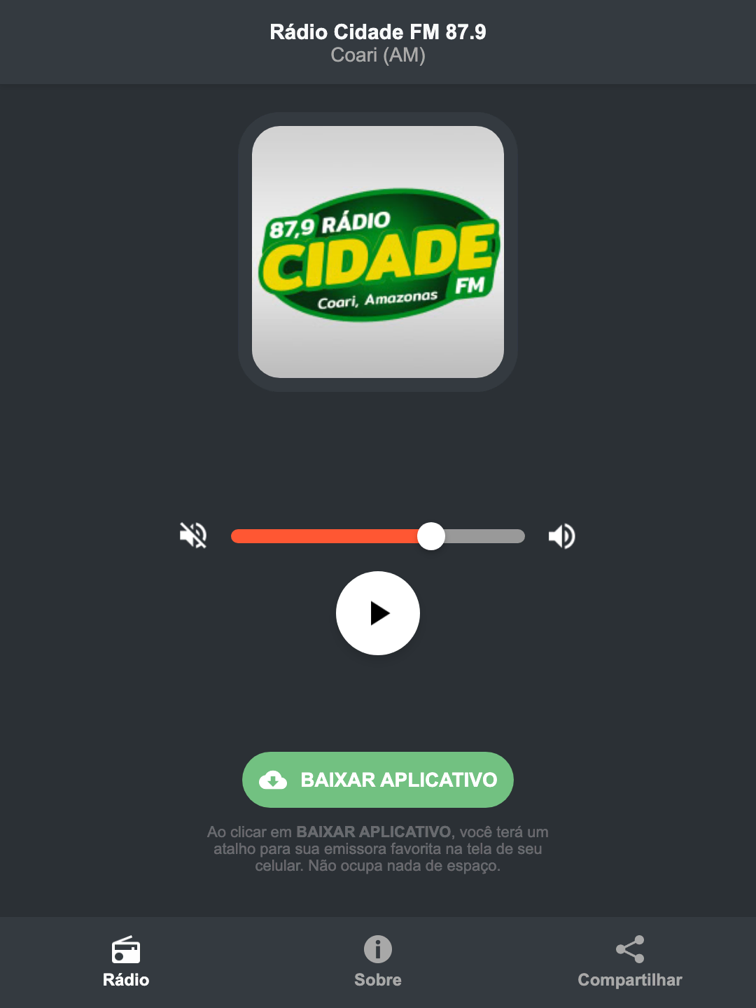 Screenshot do aplicativo da Rádio Cidade FM 87.9