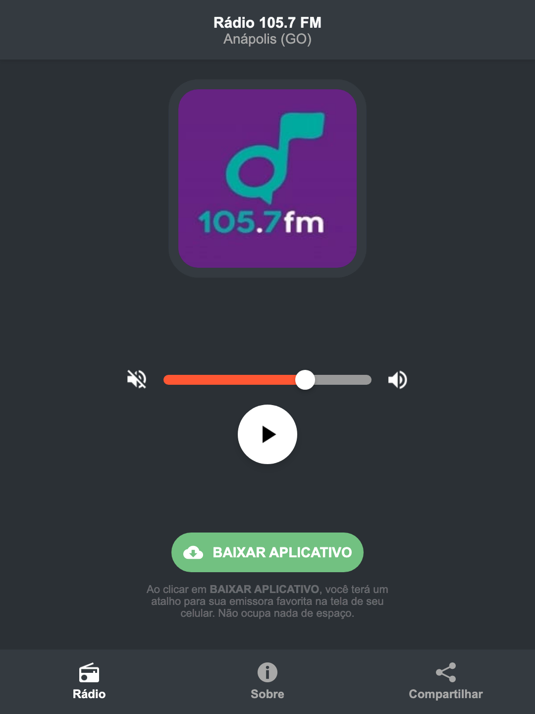 Screenshot do aplicativo da Rádio 105.7 FM