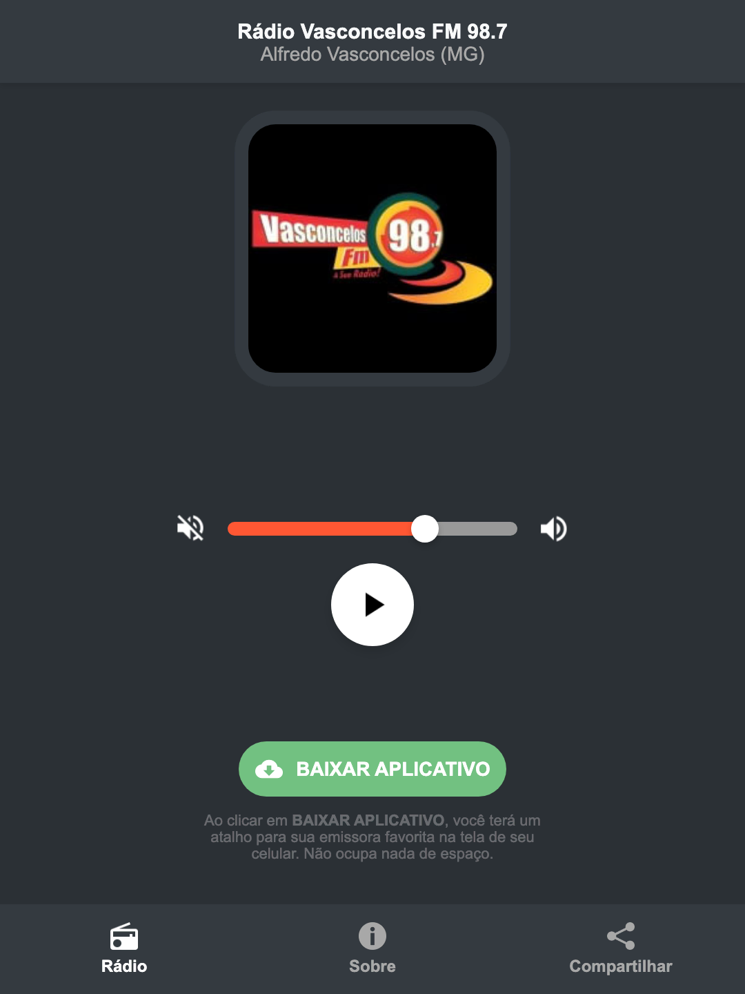 Screenshot do aplicativo da Rádio Vasconcelos FM 98.7