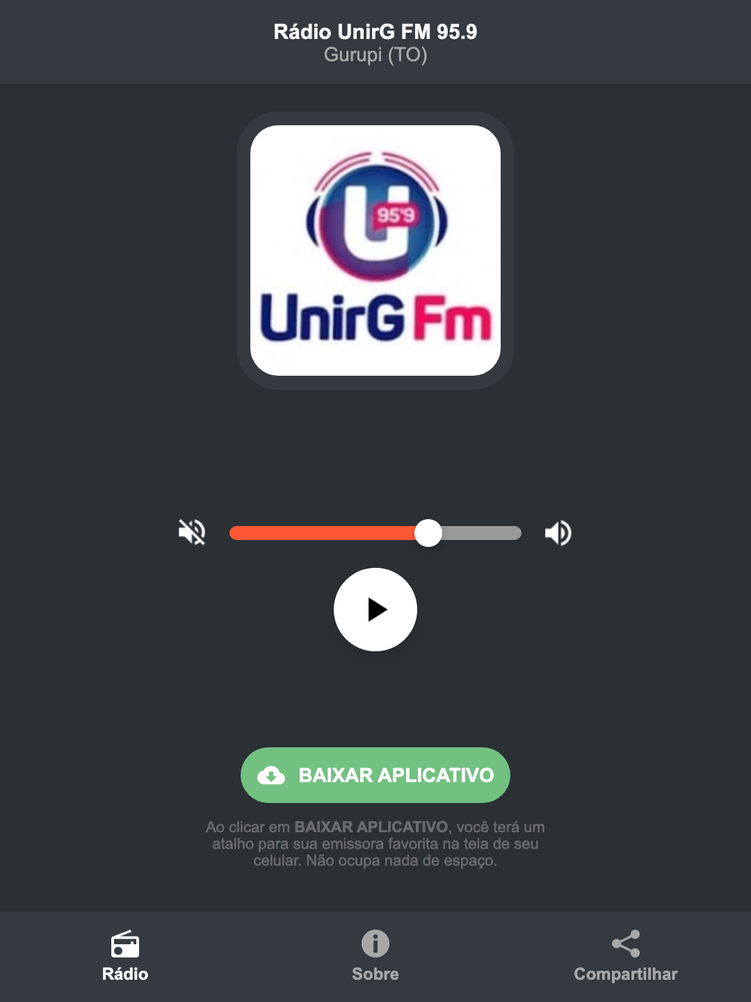 Screenshot do aplicativo da Rádio UnirG FM 95.9