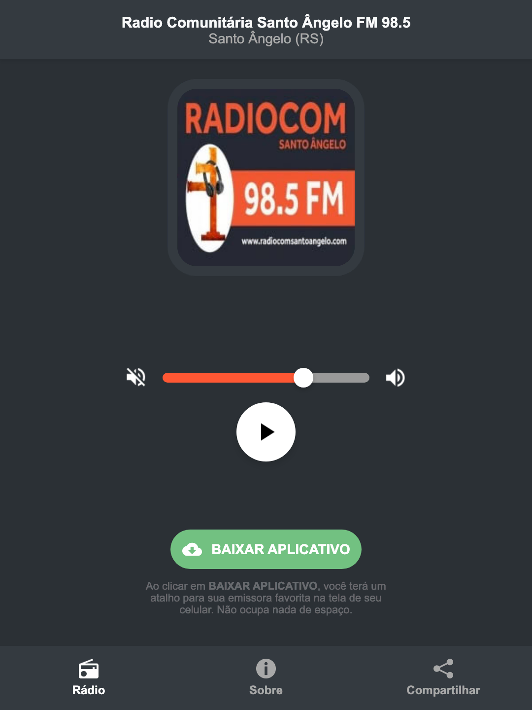 Screenshot do aplicativo da Radio Comunitária Santo Ângelo FM 98.5