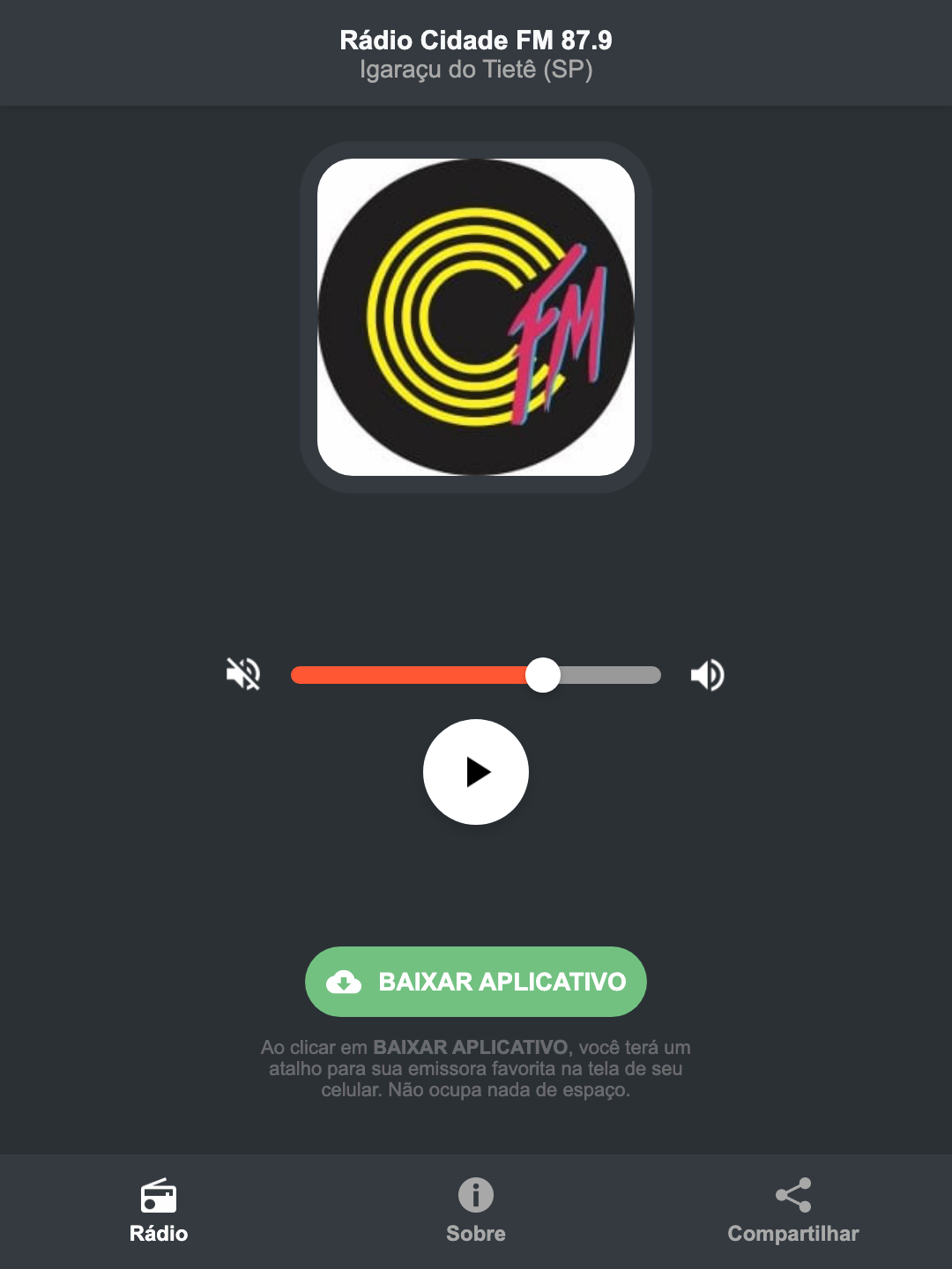 Screenshot do aplicativo da Rádio Cidade FM 87.9