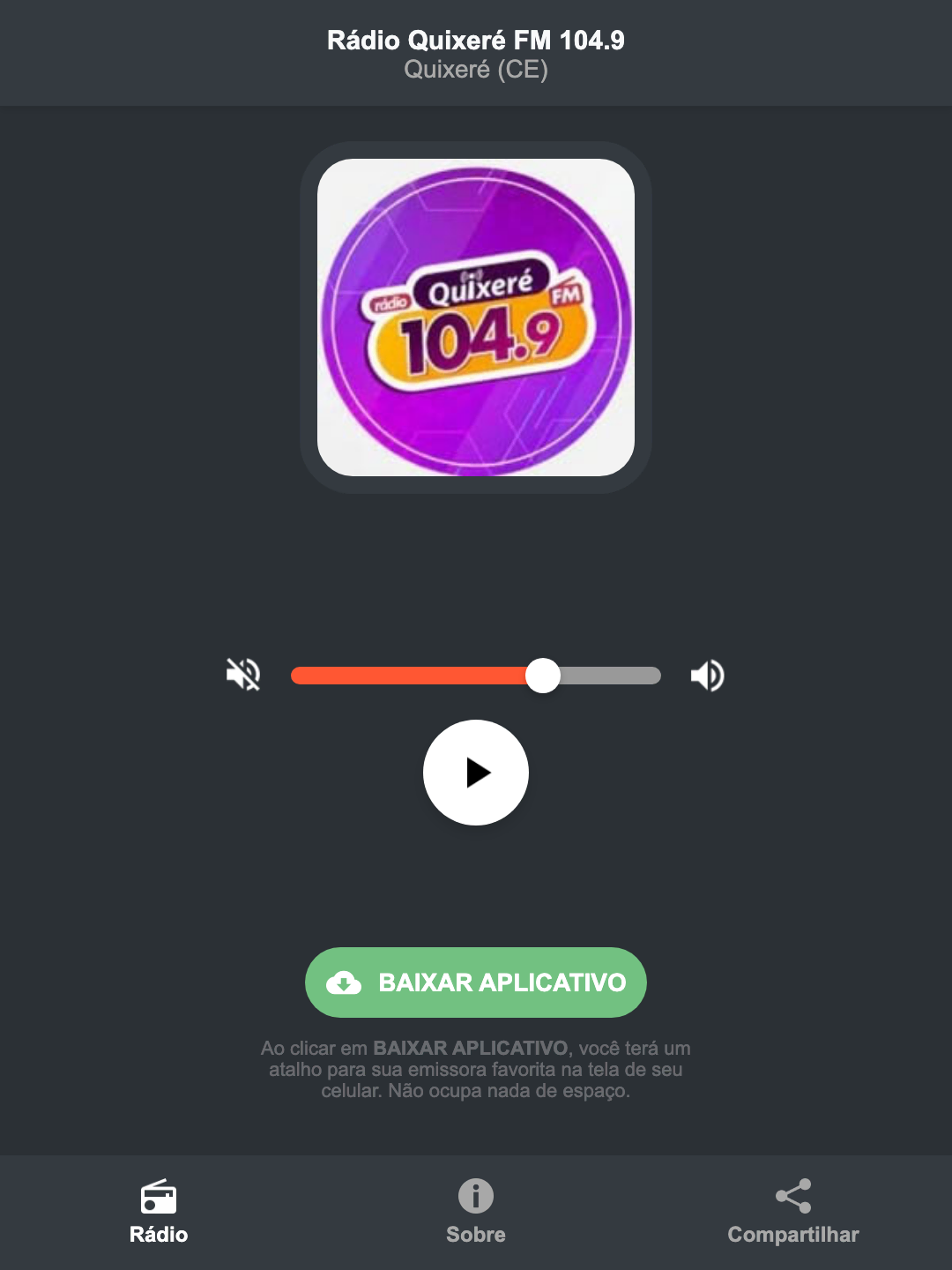 Screenshot do aplicativo da Rádio Quixeré FM 104.9