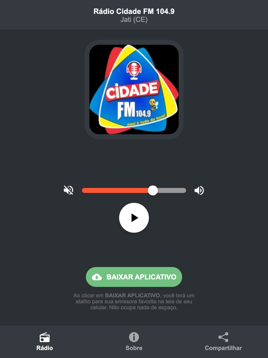 Screenshot do aplicativo da Rádio Cidade FM 104.9