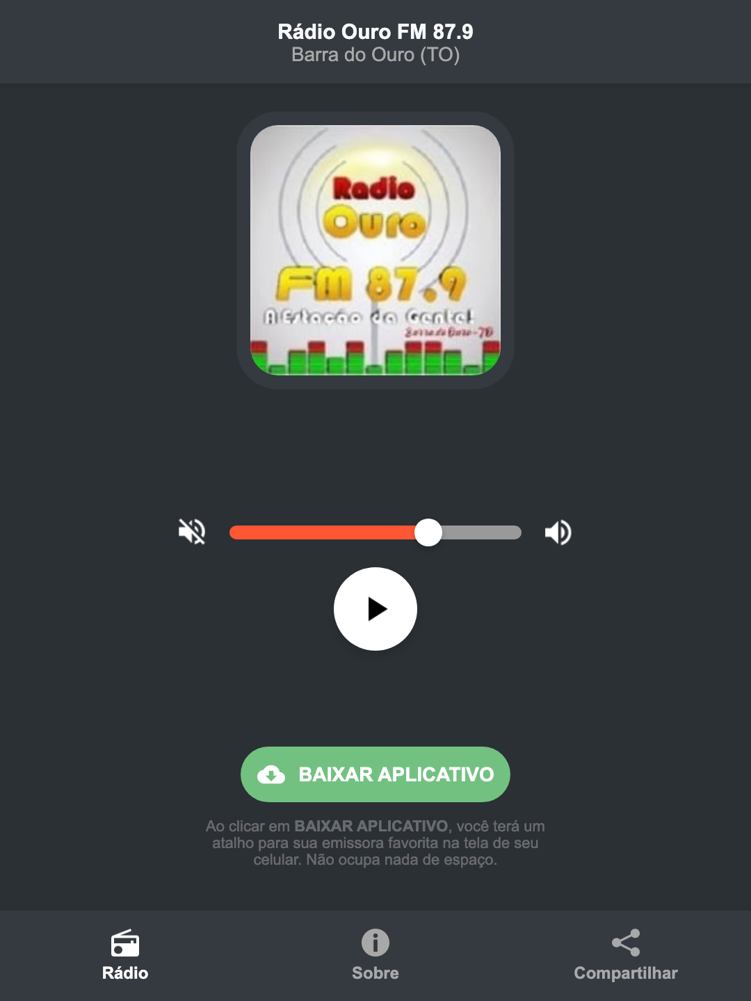 Screenshot do aplicativo da Rádio Ouro FM 87.9