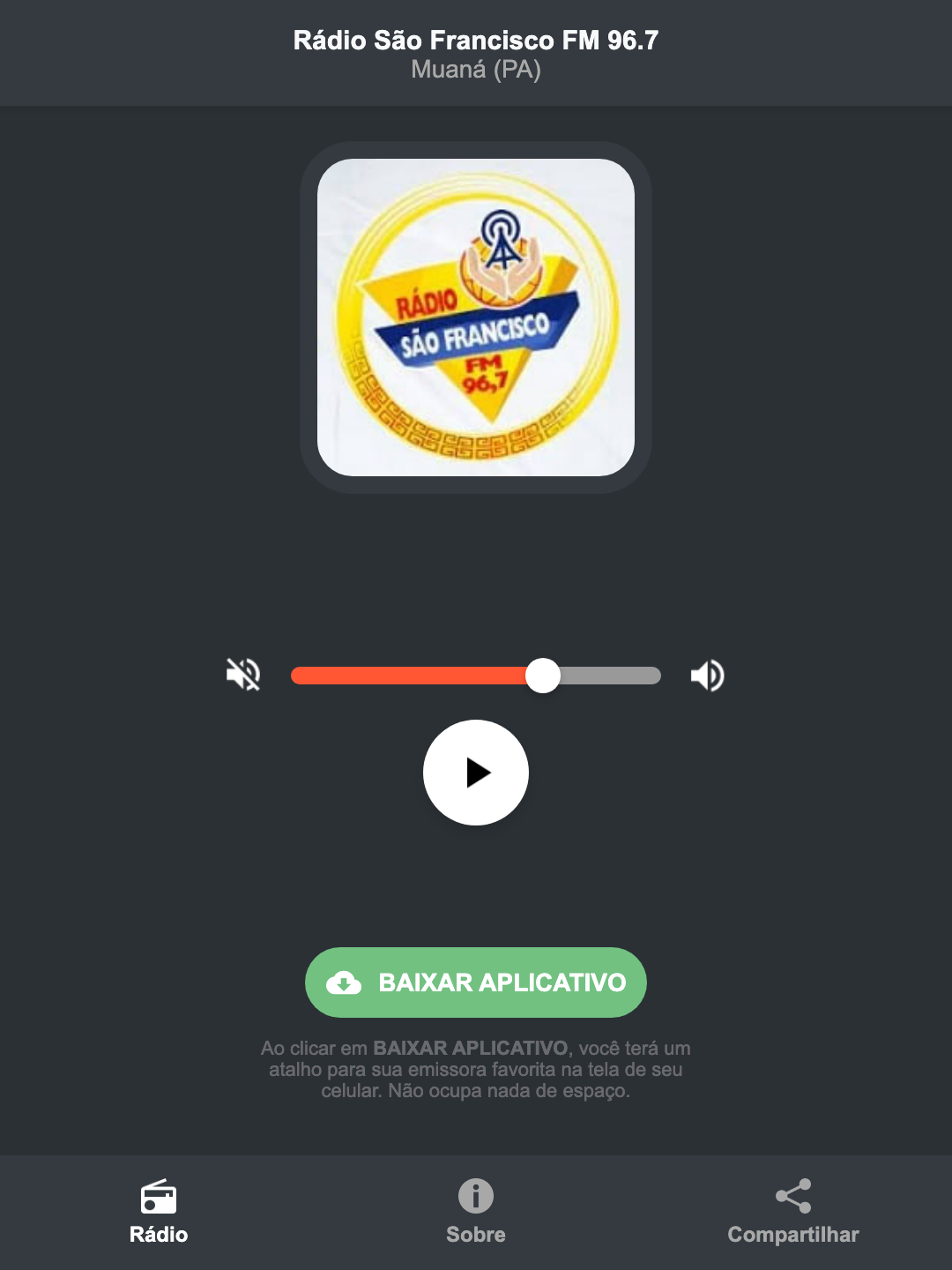 Screenshot do aplicativo da Rádio São Francisco FM 96.7