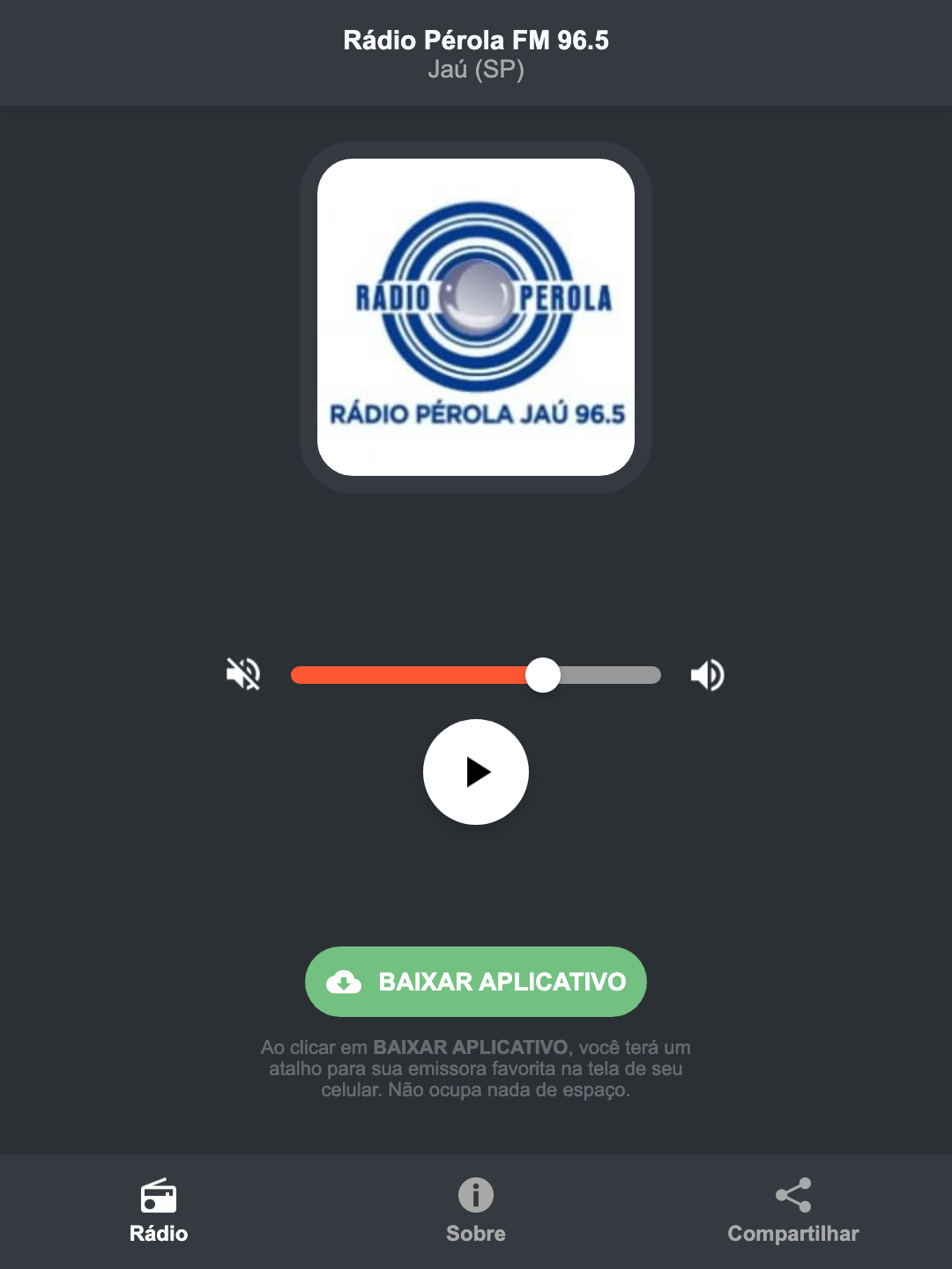 Screenshot do aplicativo da Rádio Pérola FM 96.5