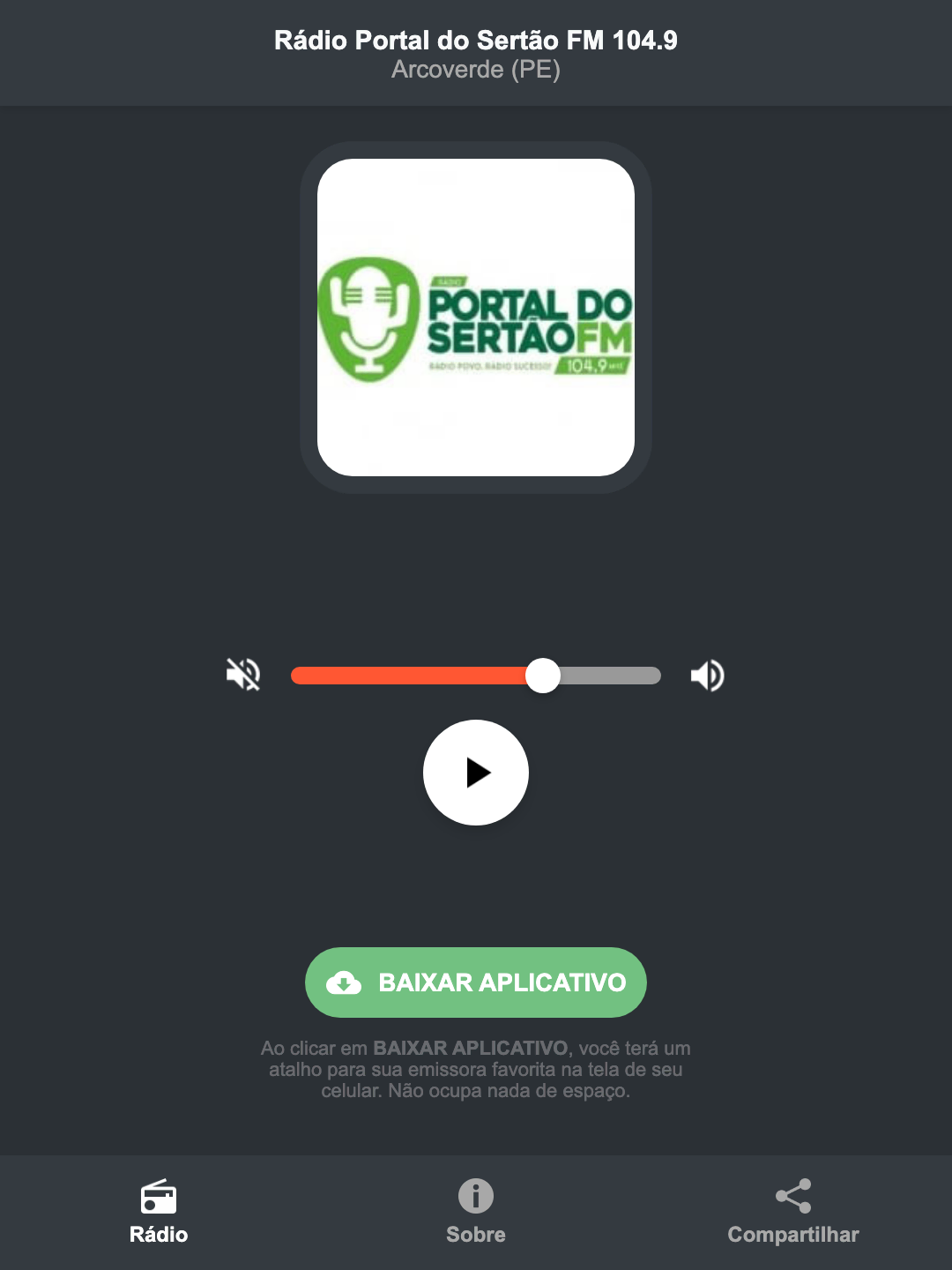 Screenshot do aplicativo da Rádio Portal do Sertão FM 104.9