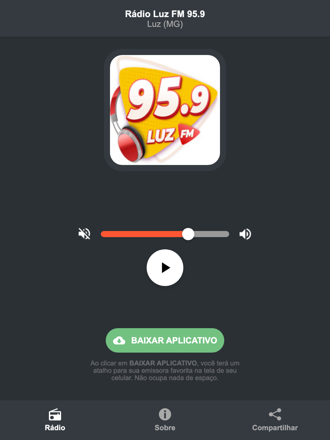Screenshot do aplicativo da Rádio Luz FM 95.9