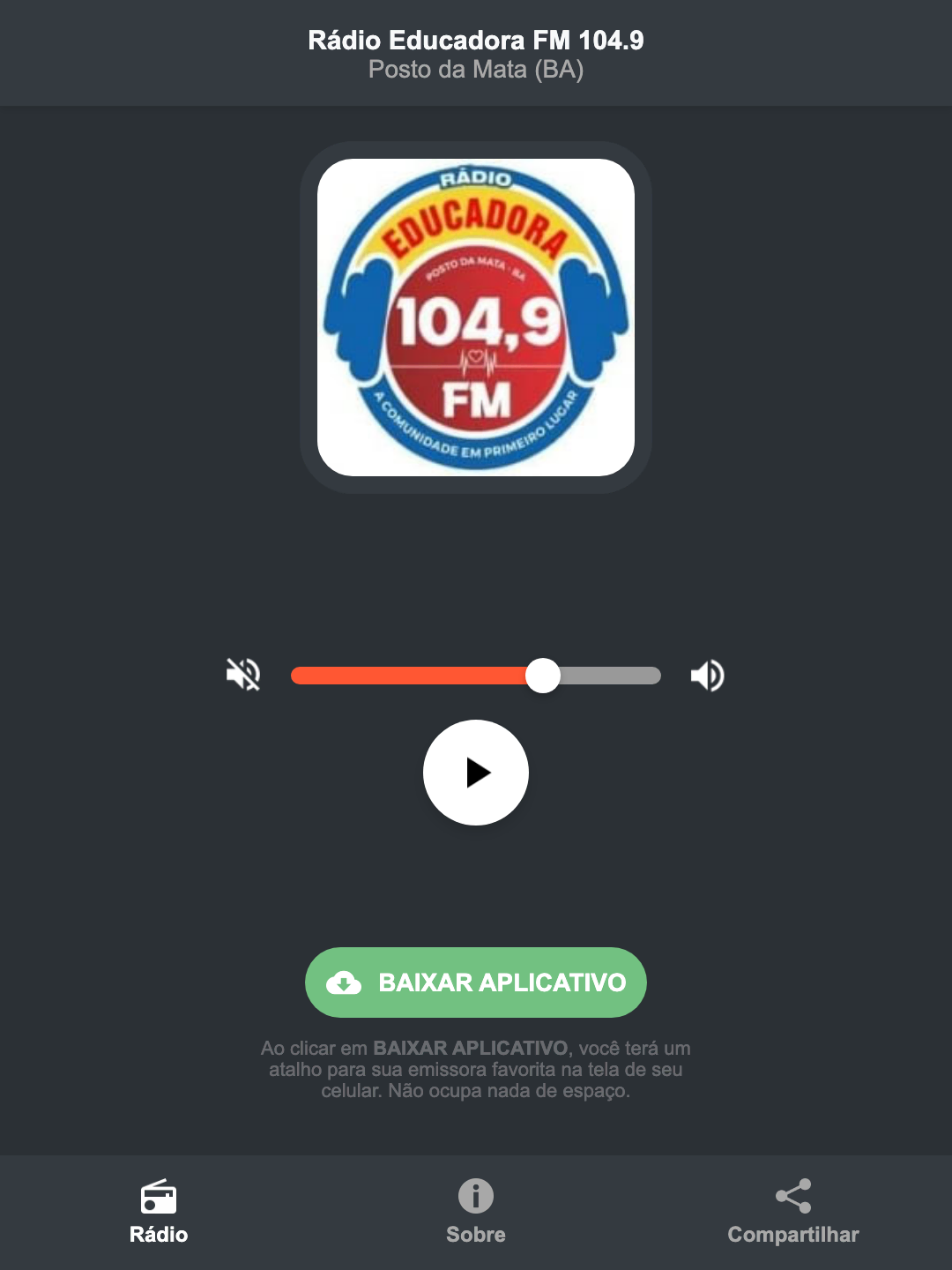 Screenshot do aplicativo da Rádio Educadora FM 104.9