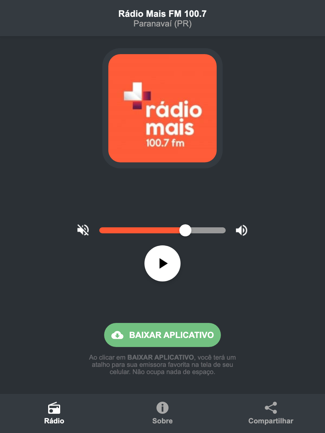 Screenshot do aplicativo da Rádio Mais FM 100.7