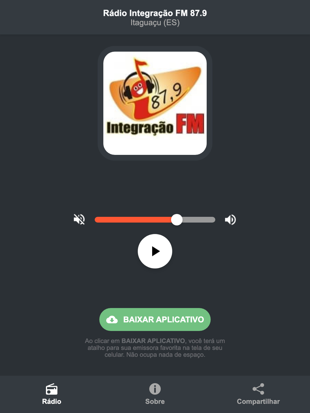 Screenshot do aplicativo da Rádio Integração FM 87.9