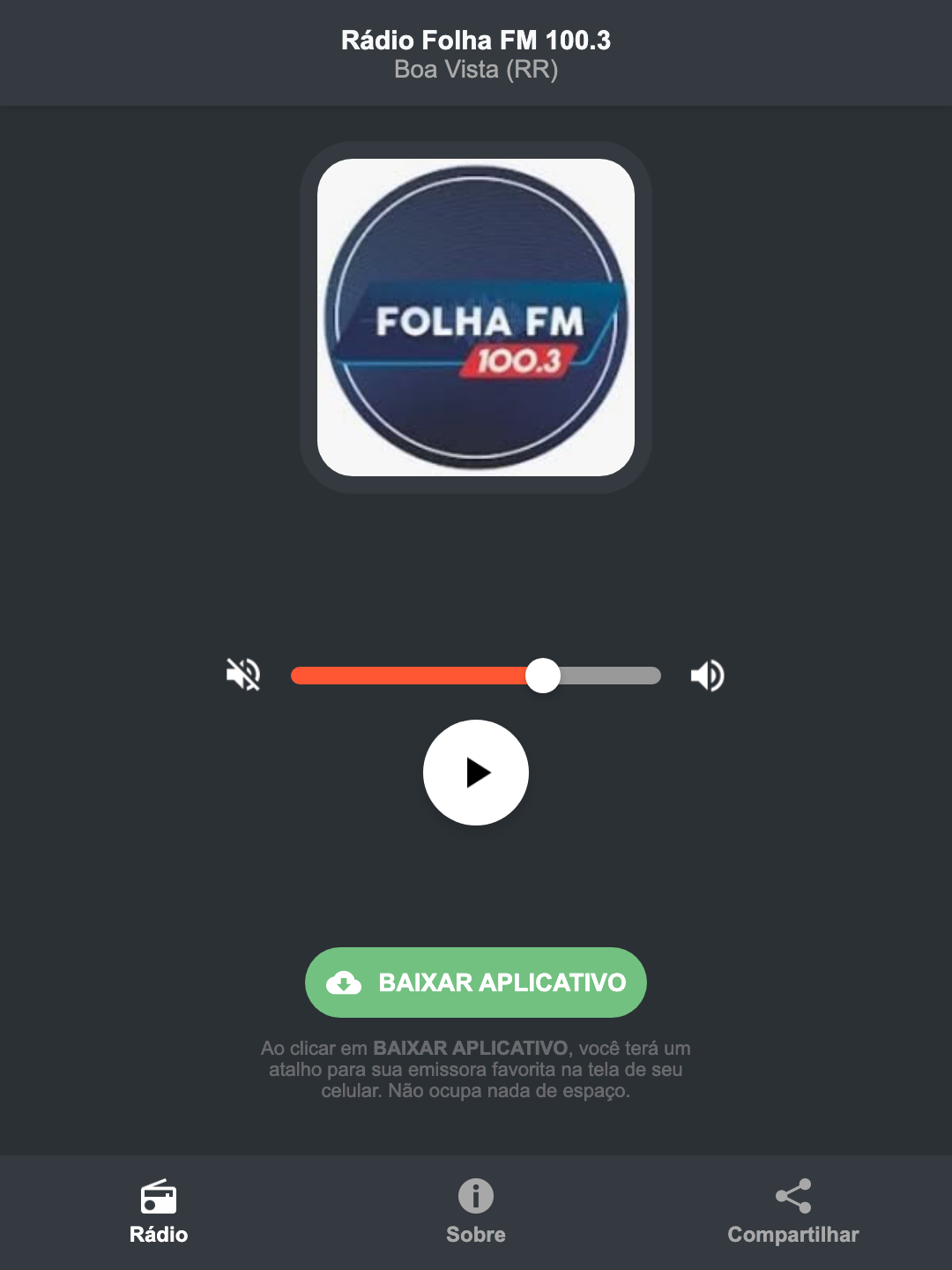 Screenshot do aplicativo da Rádio Folha FM 100.3