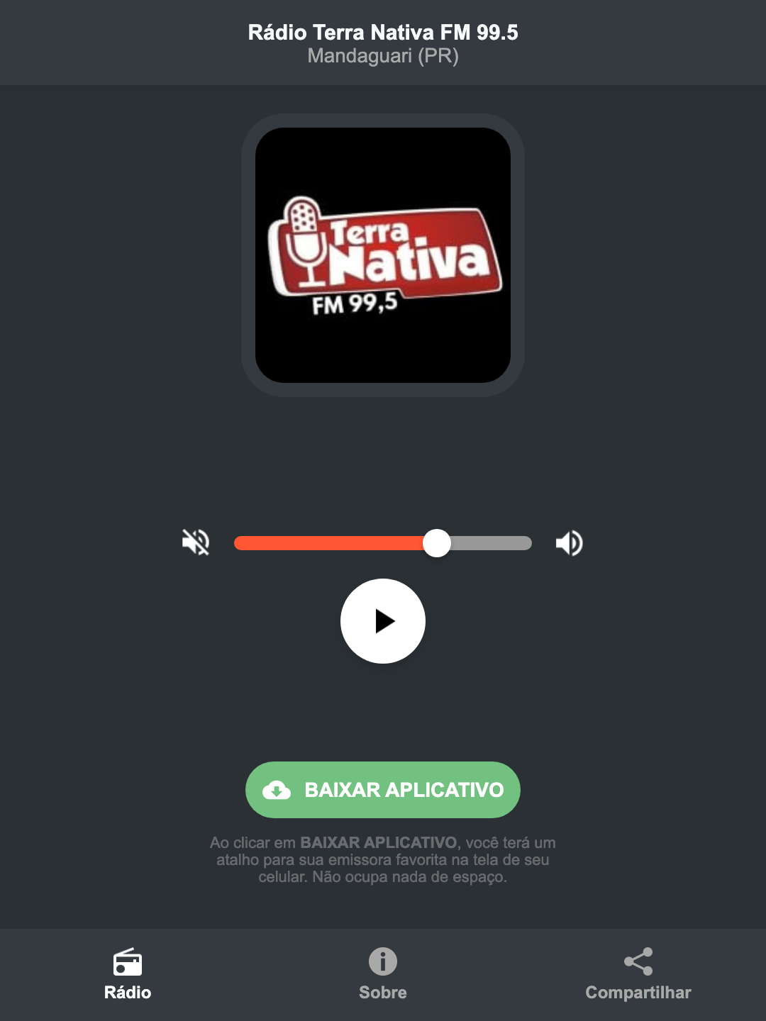 Screenshot do aplicativo da Rádio Terra Nativa FM 99.5