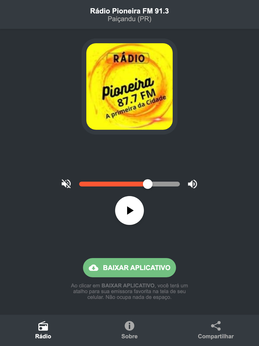 Screenshot do aplicativo da Rádio Pioneira FM 91.3